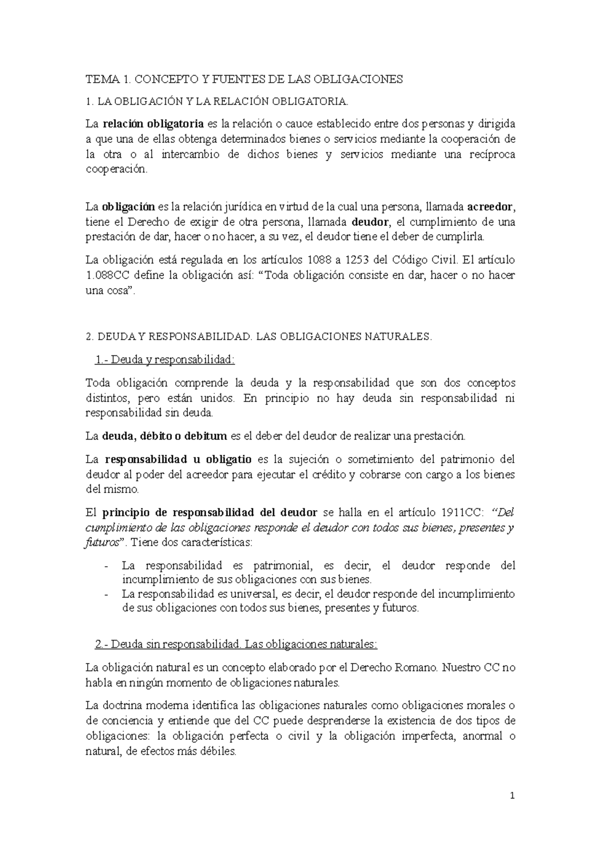 Apuntes Tema 1 Derecho de Obligaciones y Daños - TEMA 1. CONCEPTO Y ...
