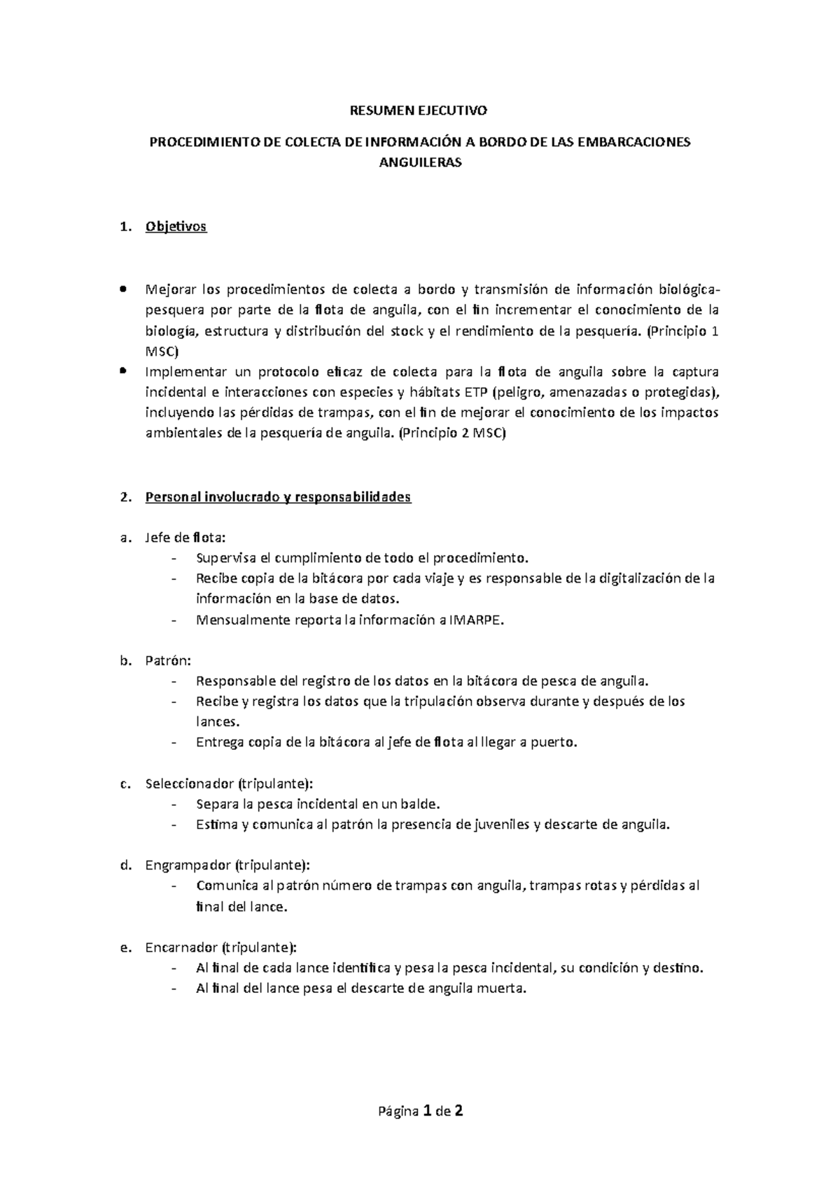 Resumen Procedimiento colecta a bordo - RESUMEN EJECUTIVO PROCEDIMIENTO ...