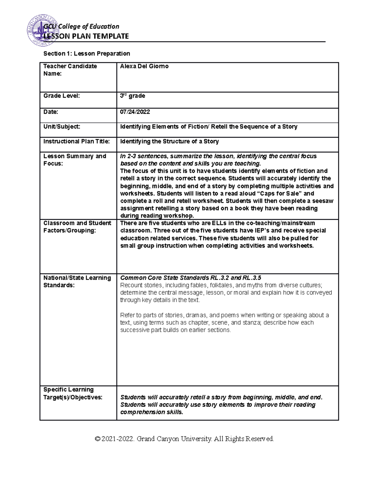 ESL Benchmark Story Structure - LESSON PLAN TEMPLATE Section 1: Lesson ...