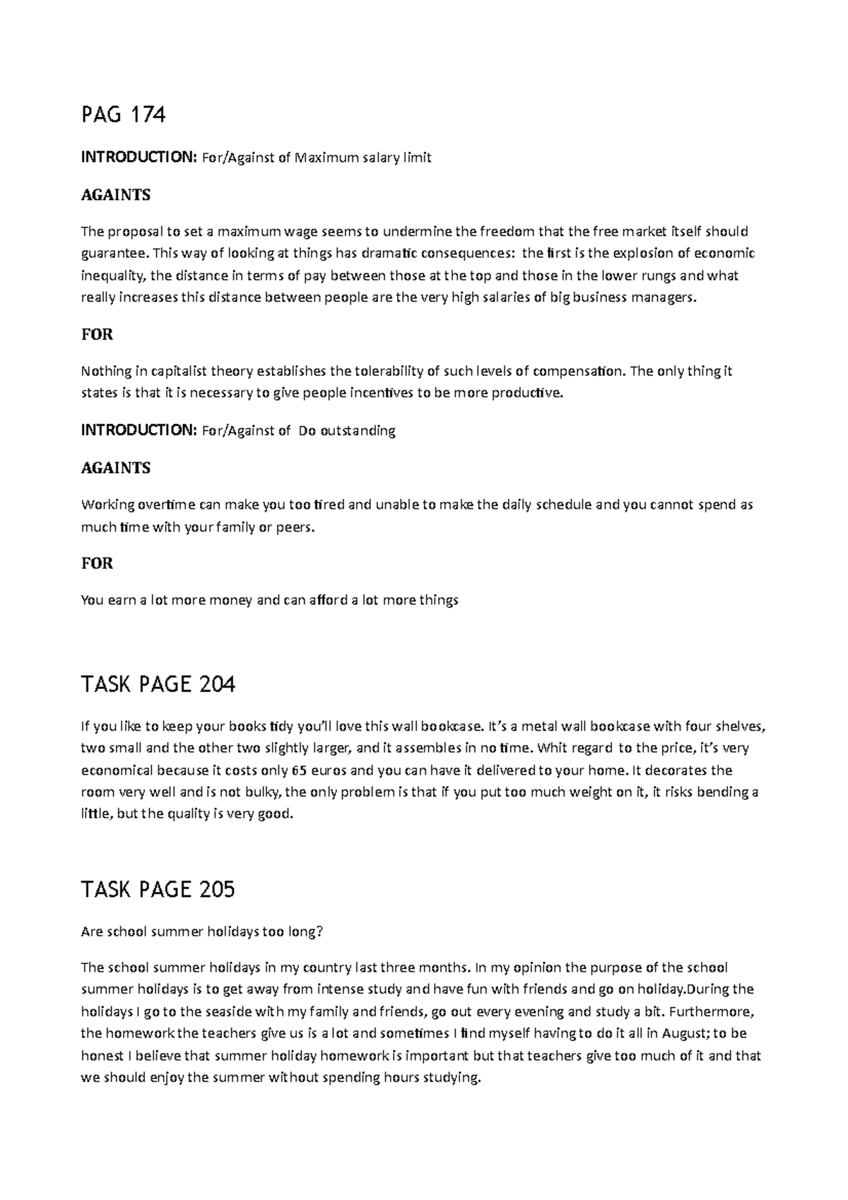 English texts pag 174 introduction for against of maximum salary