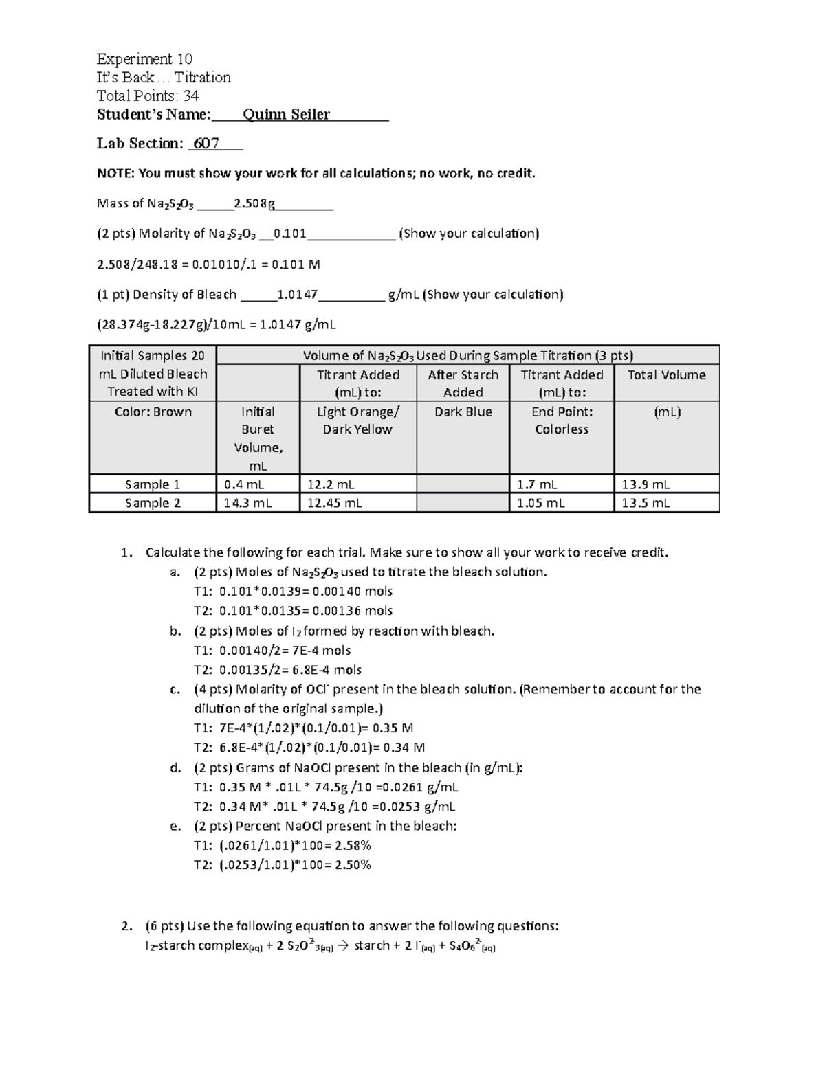 CHEM 110L Experiment 10 It's Back... Titration v2 Experiment 10 It