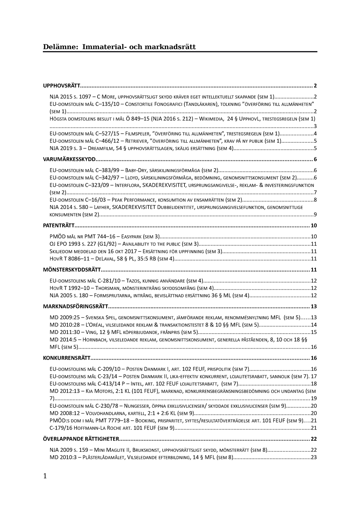 Immaterialrätt Rättsfall - Delämne: Immaterial- Och Marknadsrätt - Studocu