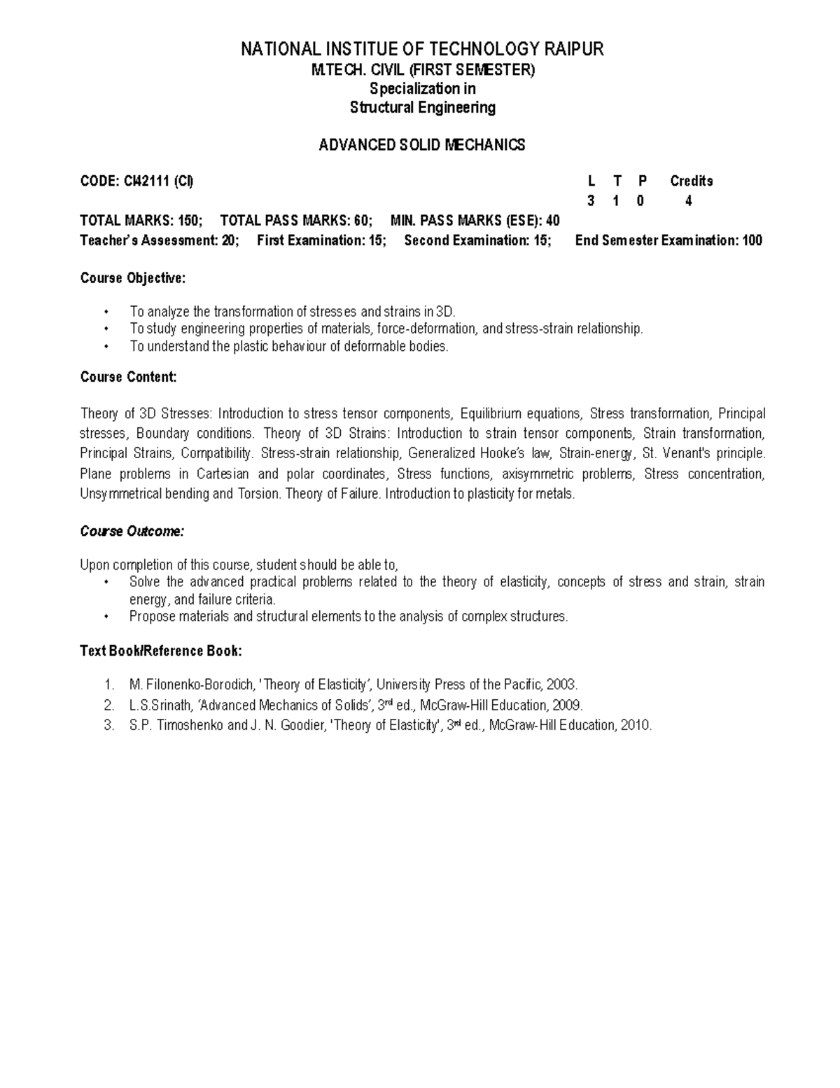 Syllabus M.Tech. (Structural Engg - NATIONAL INSTITUE OF TECHNOLOGY ...