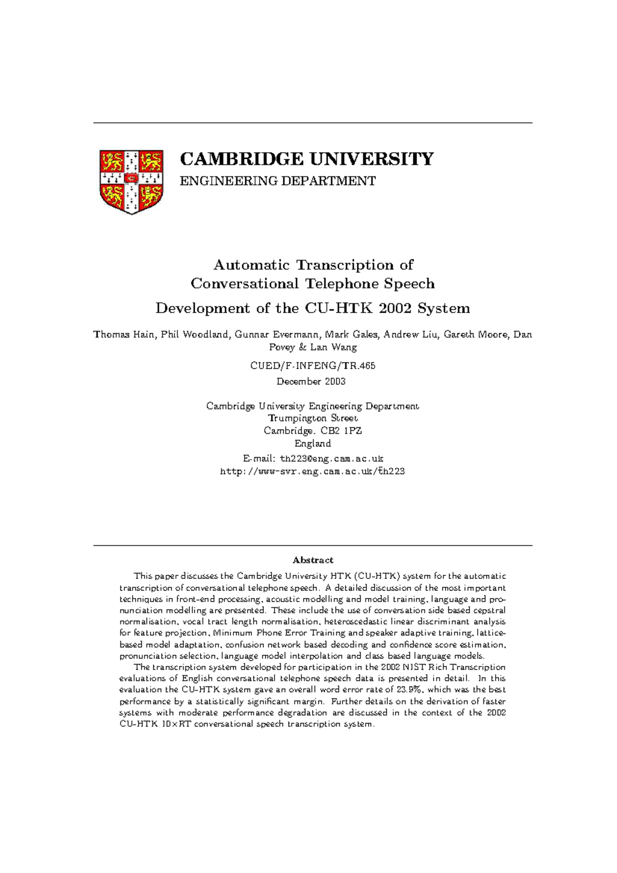 Automatic Transcription of Conversational Telephone Speech CB2 1PZ