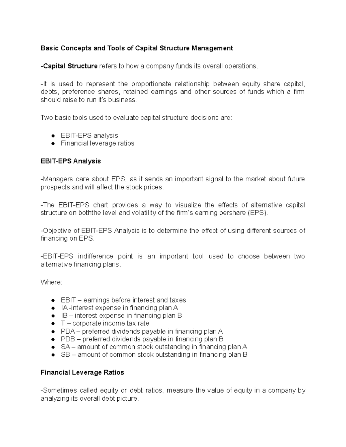 concepts-and-tools-of-capital-structure-management-notes-basic