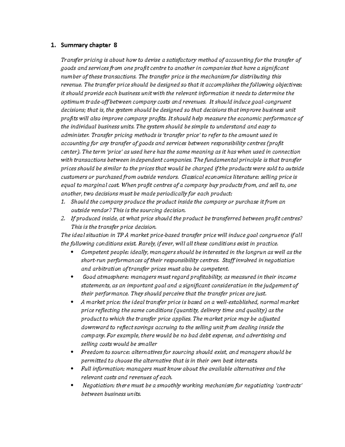 Assignment chap8 - 1. Summary chapter 8 _Transfer pricing is about how ...