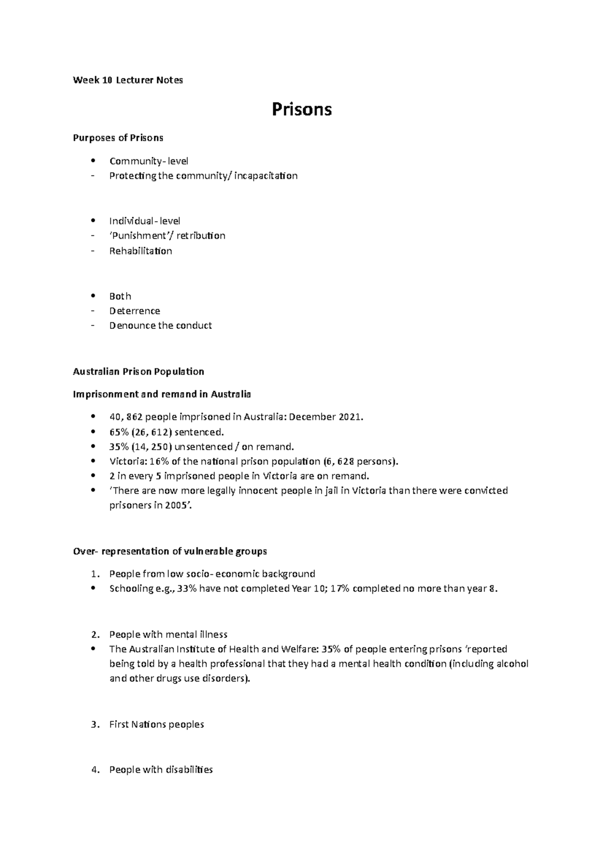 Week 10 Lecturer Notes - week 10 - Week 10 Lecturer Notes Prisons ...