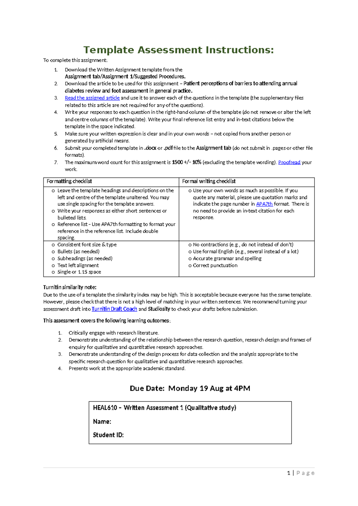 Written assessment 1 Template sem 2 2024 HEAL610 - Template Assessment ...