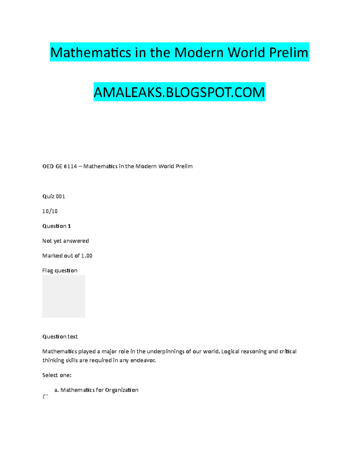 [ Amaleaks. Blogspot.COM] MATH IN Mordern World ALL Prelim ...