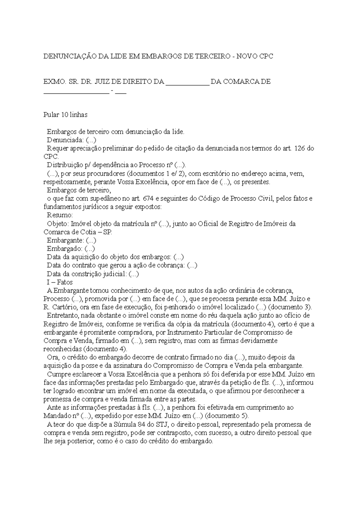 Denunciação DA LIDE EM Embargos DE Terceiro - NOVO CPC - DENUNCIAÇÃO DA ...
