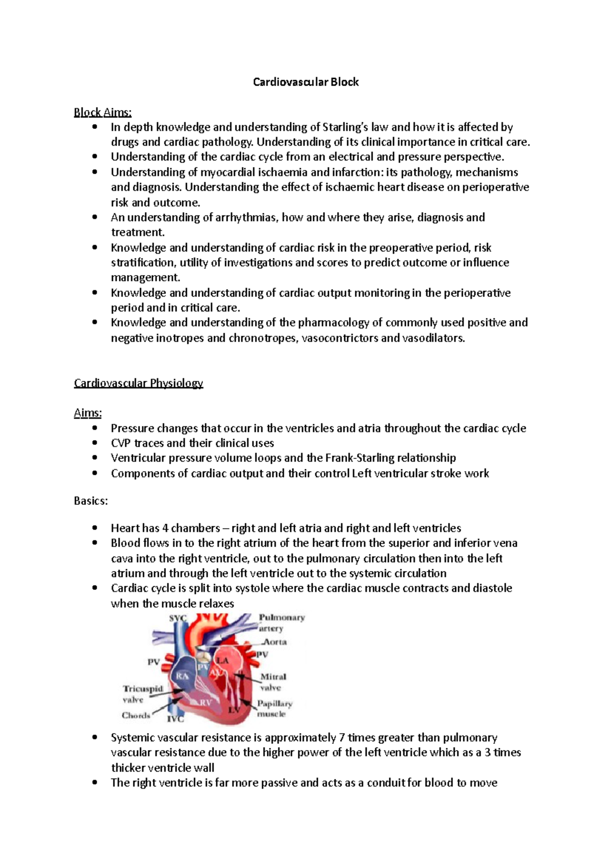 Cardiovascular Block Notes - Cardiovascular Block Block Aims: In depth ...