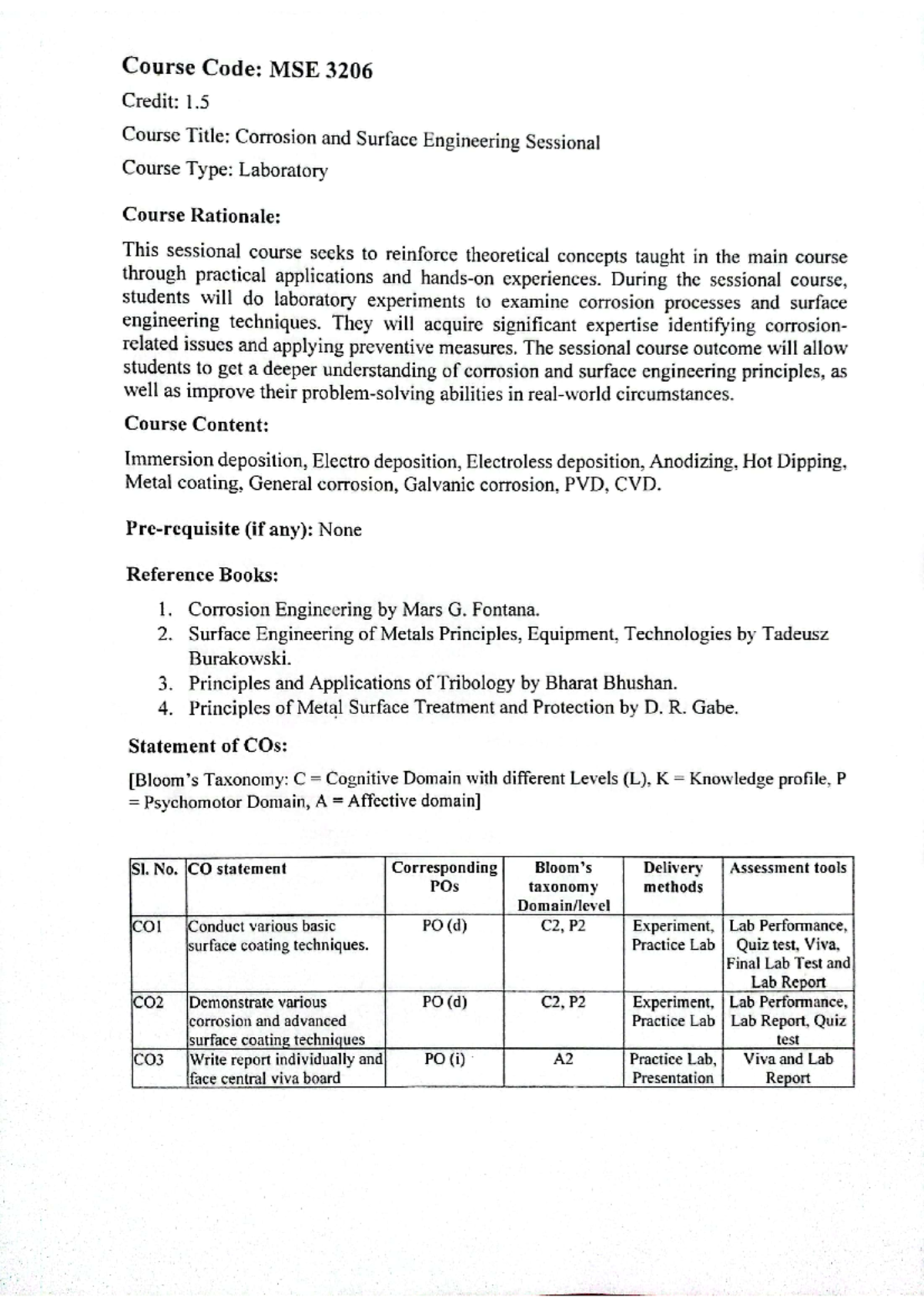 Lab 3206 syllabus and guideline - Course Code: MSE 3206 Credit: 1 ...