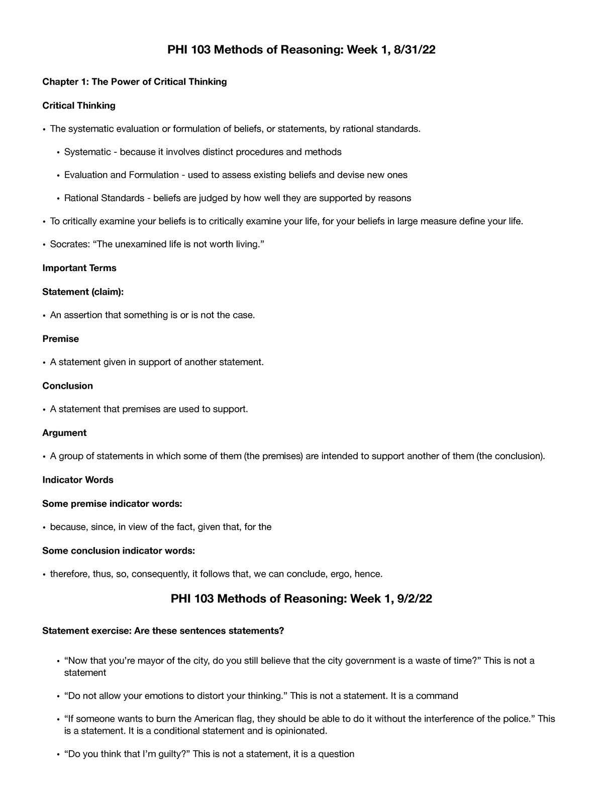 PHI 103 - Week 1 Notes - PHI 103 Methods Of Reasoning: Week 1, 8/31 ...