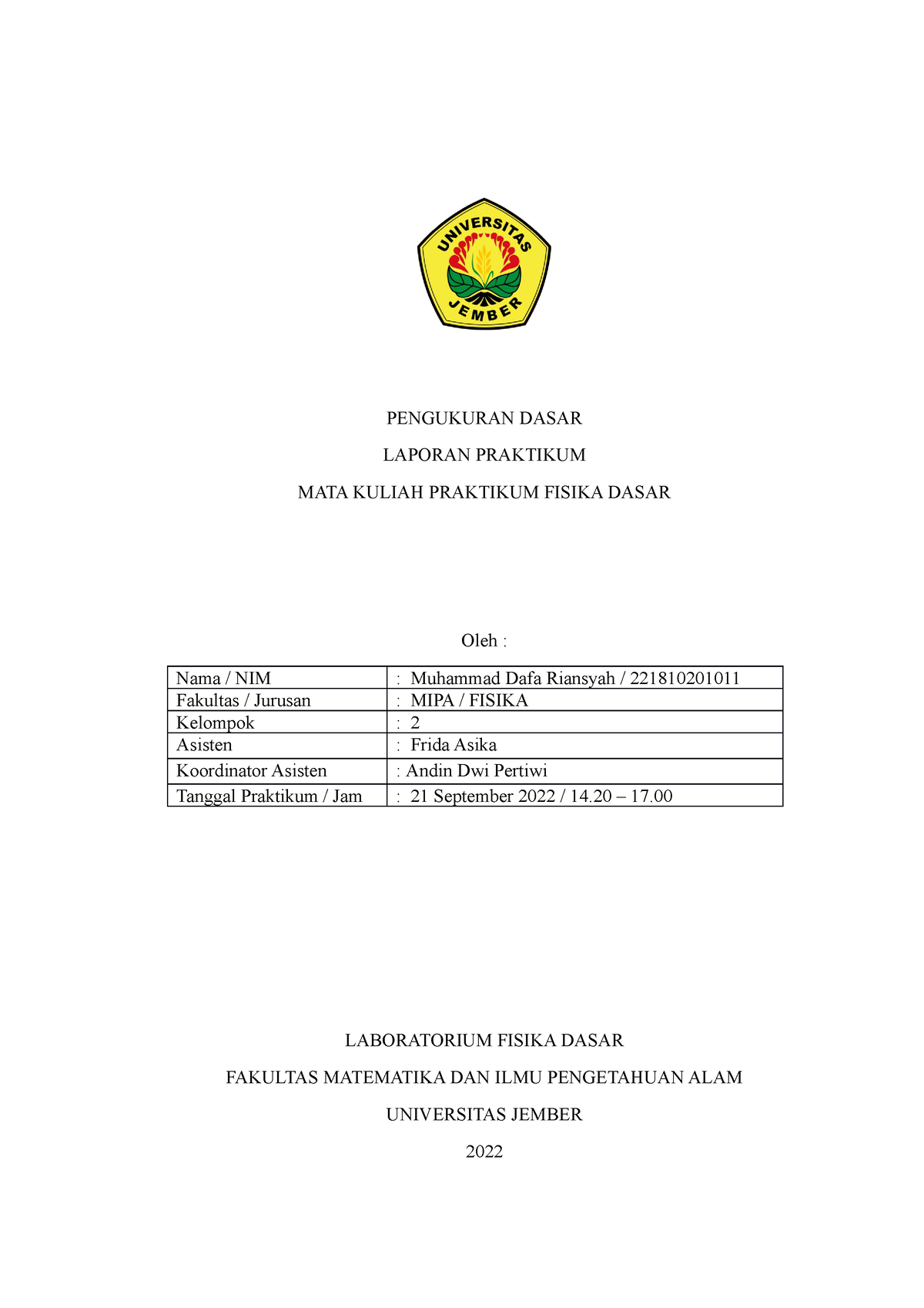 Laporan Praktikum Fisika Dasar - PENGUKURAN DASAR LAPORAN PRAKTIKUM ...