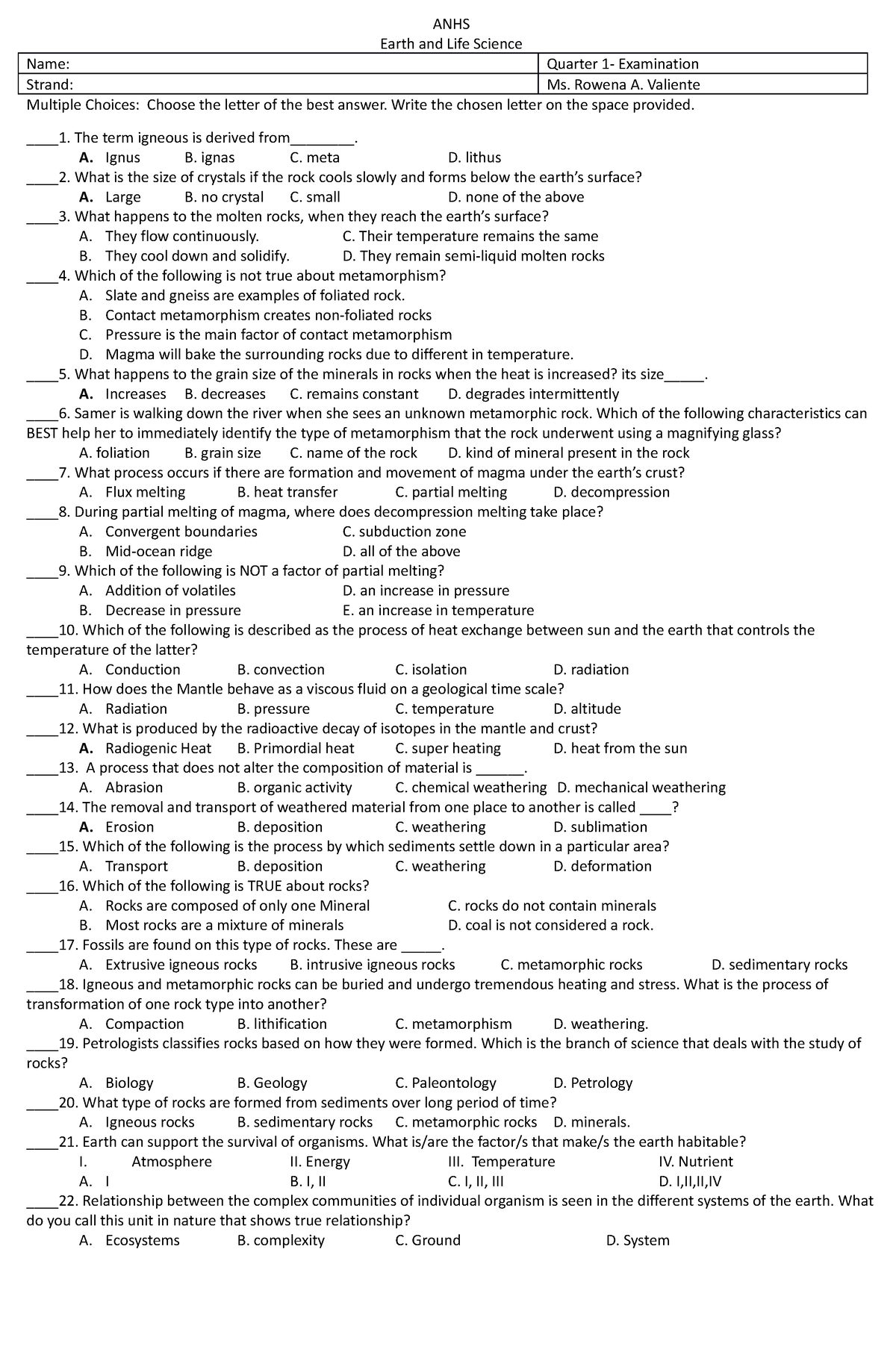 1st exam. Earth snd life Science - ANHS Earth and Life Science Name ...