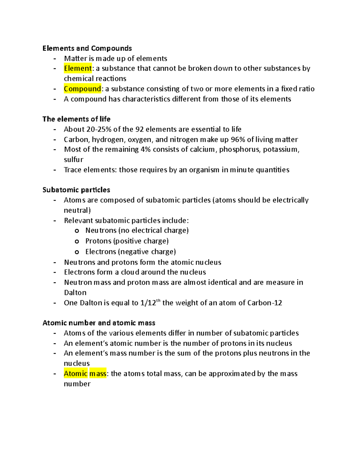 Chapter 2 notes - Elements and Compounds - Matter is made up of ...