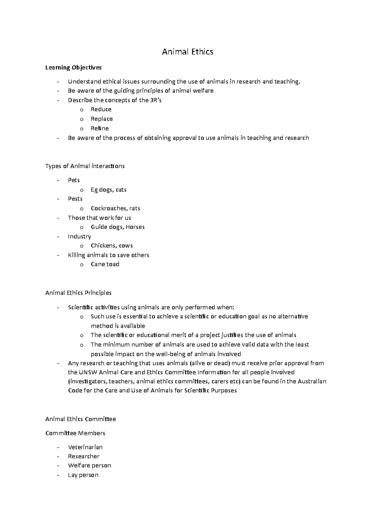 Animal Ethics notes - Physiology 1A - Animal Ethics Learning Objectives ...