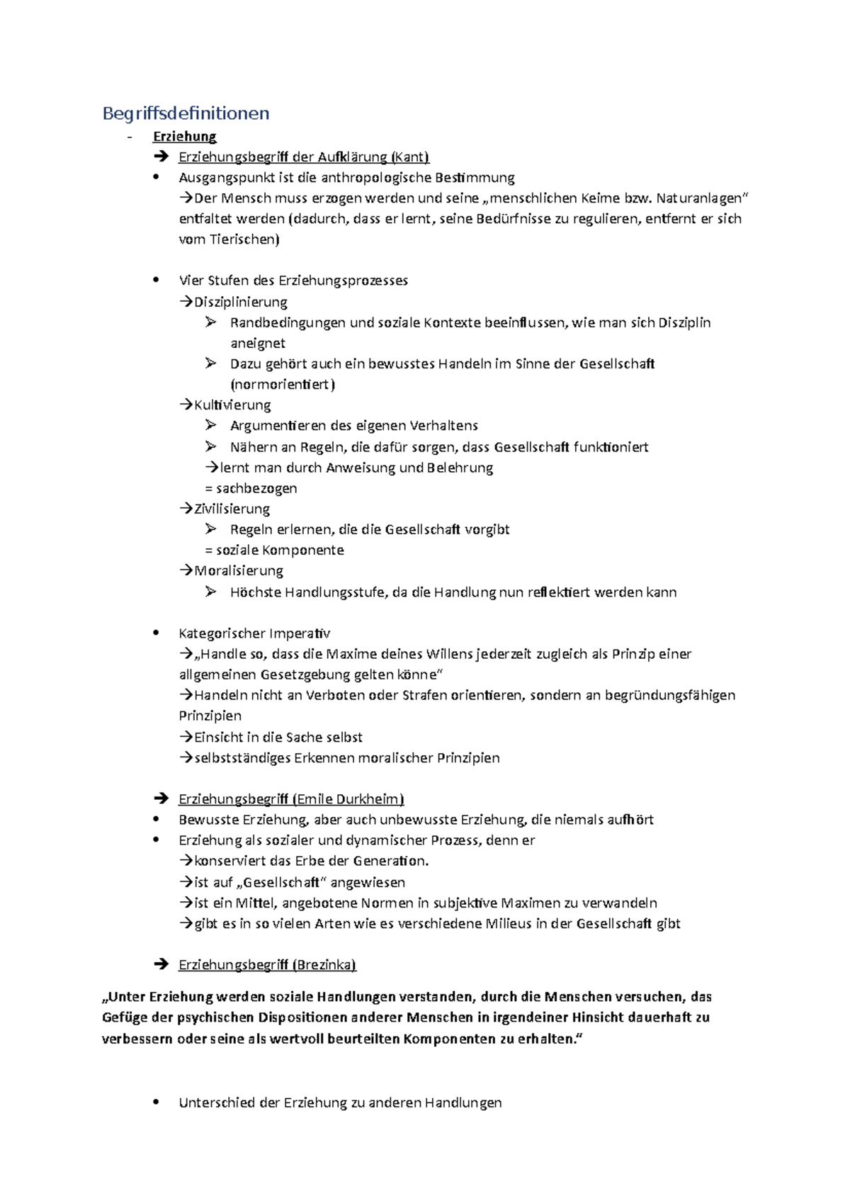 Vorlesung zusammenfassung - Begriffsdefinitionen Erziehung ...