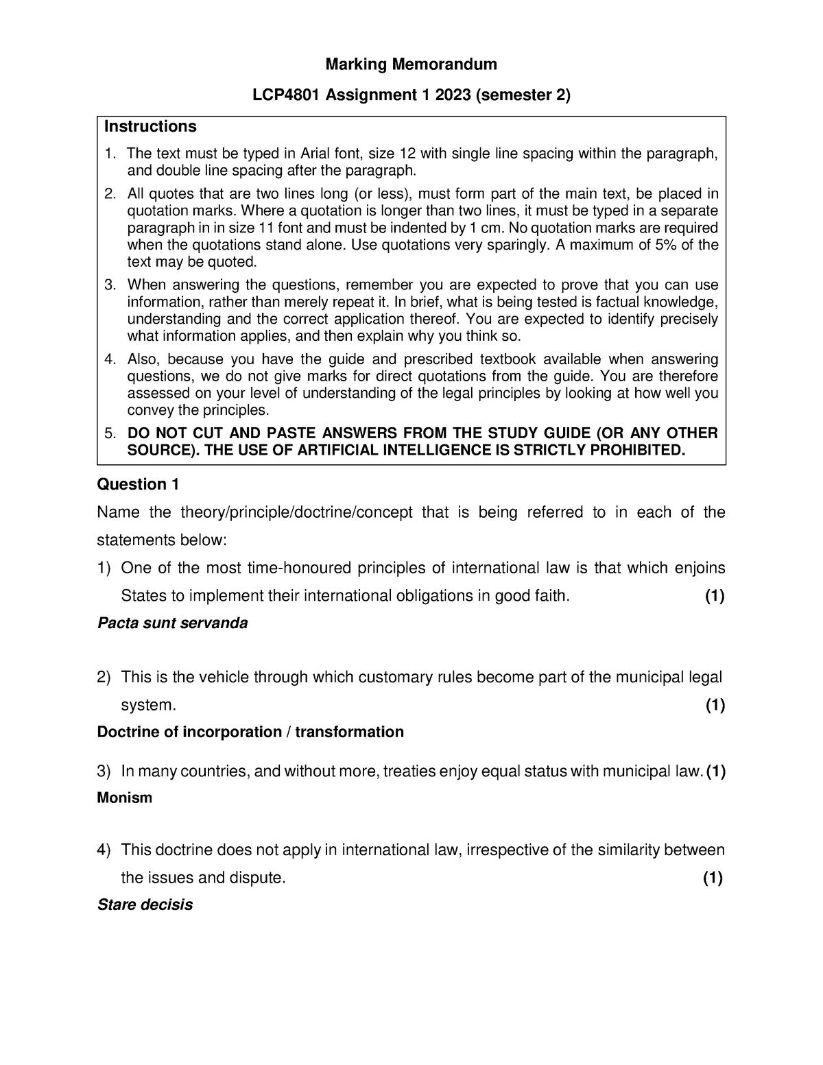 Marking Memorandum Assignment 1 semester 2 2023 (003) Marking Memorandum LCP4801 Assignment 1