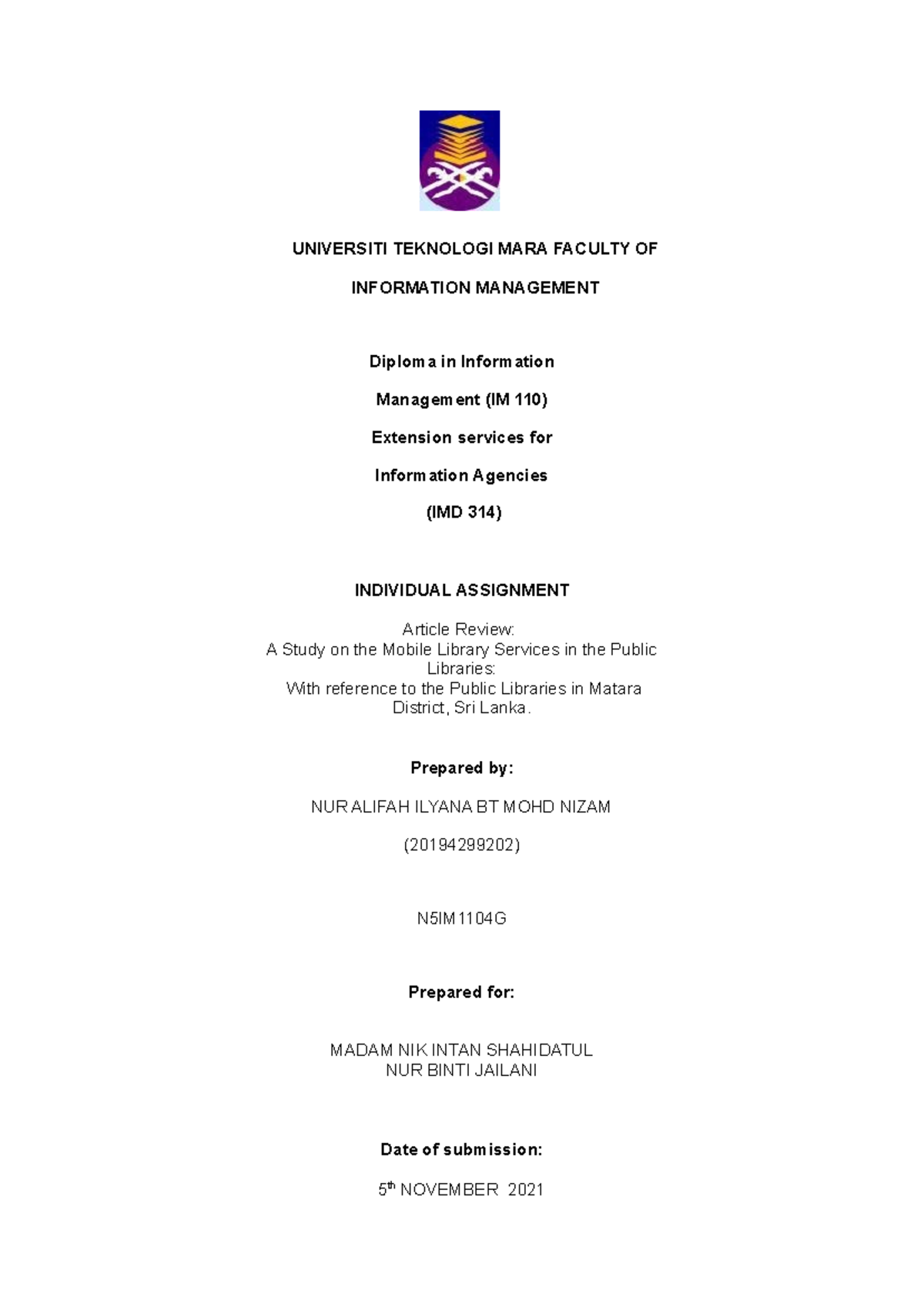article review on extension services - Information Management - UiTM ...