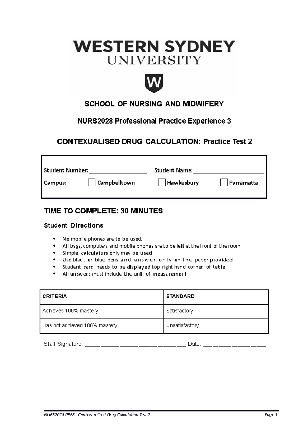 Maths Test 2 Ppe3 Sample SCHOOL OF NURSING AND MIDWIFERY NURS2028 