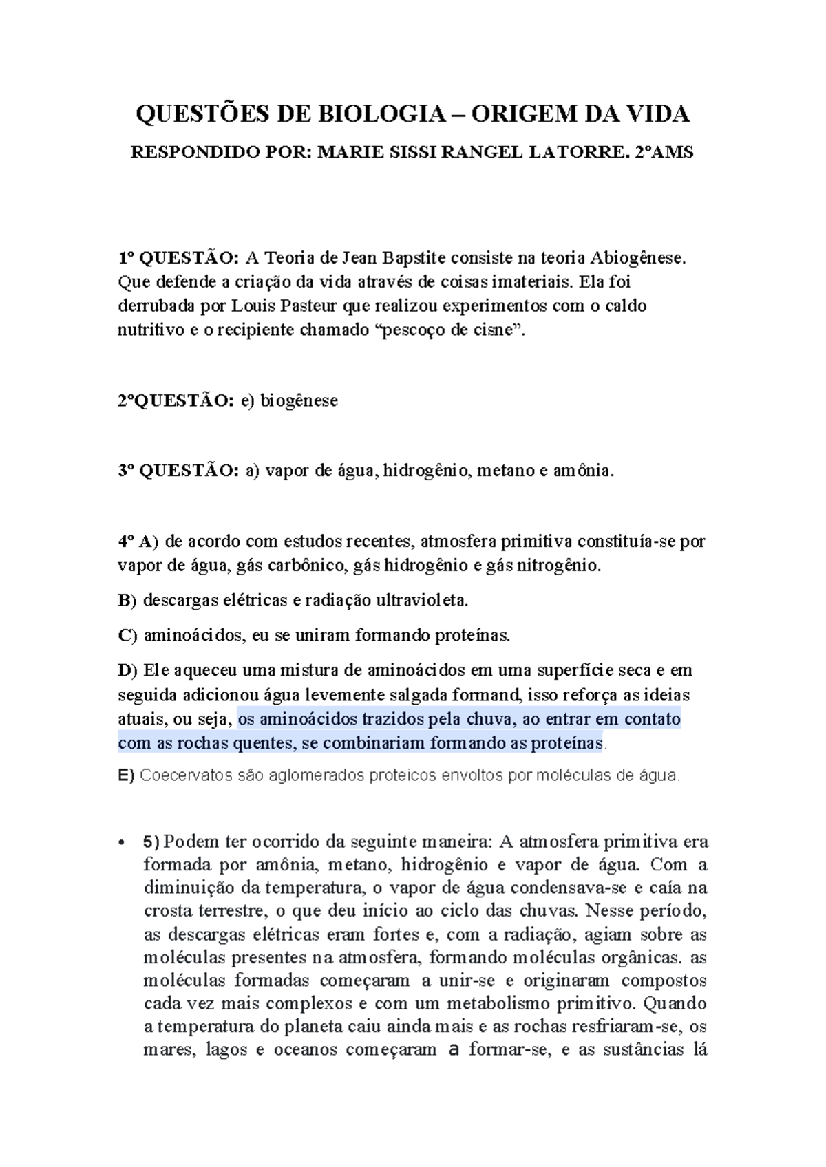 Questões DE Biologia - QUESTÕES DE BIOLOGIA – ORIGEM DA VIDA RESPONDIDO ...