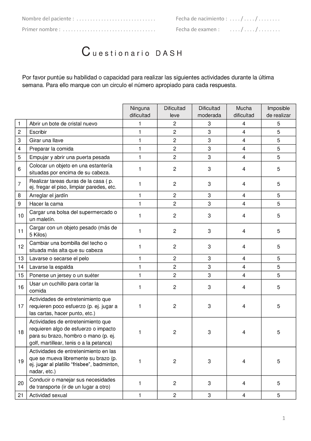 Cuestionario DASH - 1 Nombre del paciente ...