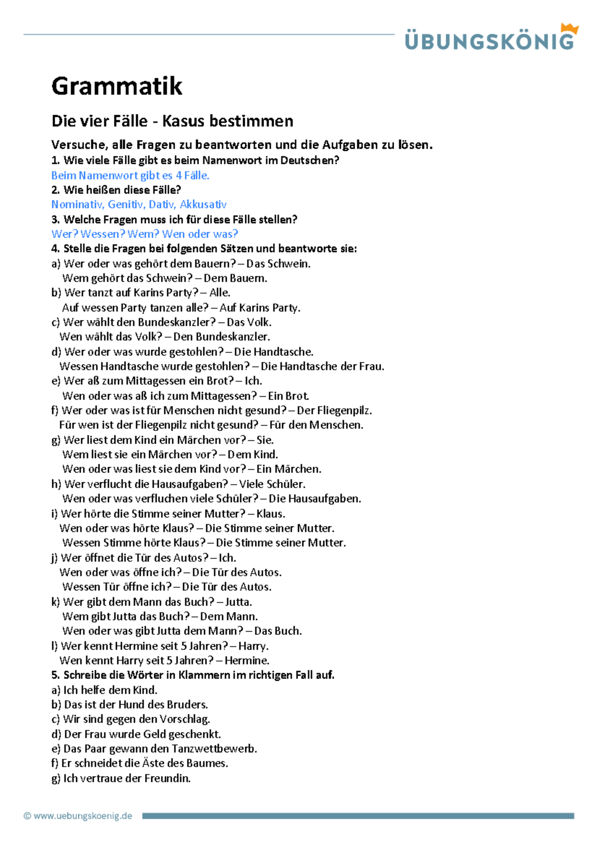 Die Vier Fälle Im Deutschen Dievierfaelle 3 loesung - Grammatik Die vier Fälle - Kasus bestimmen