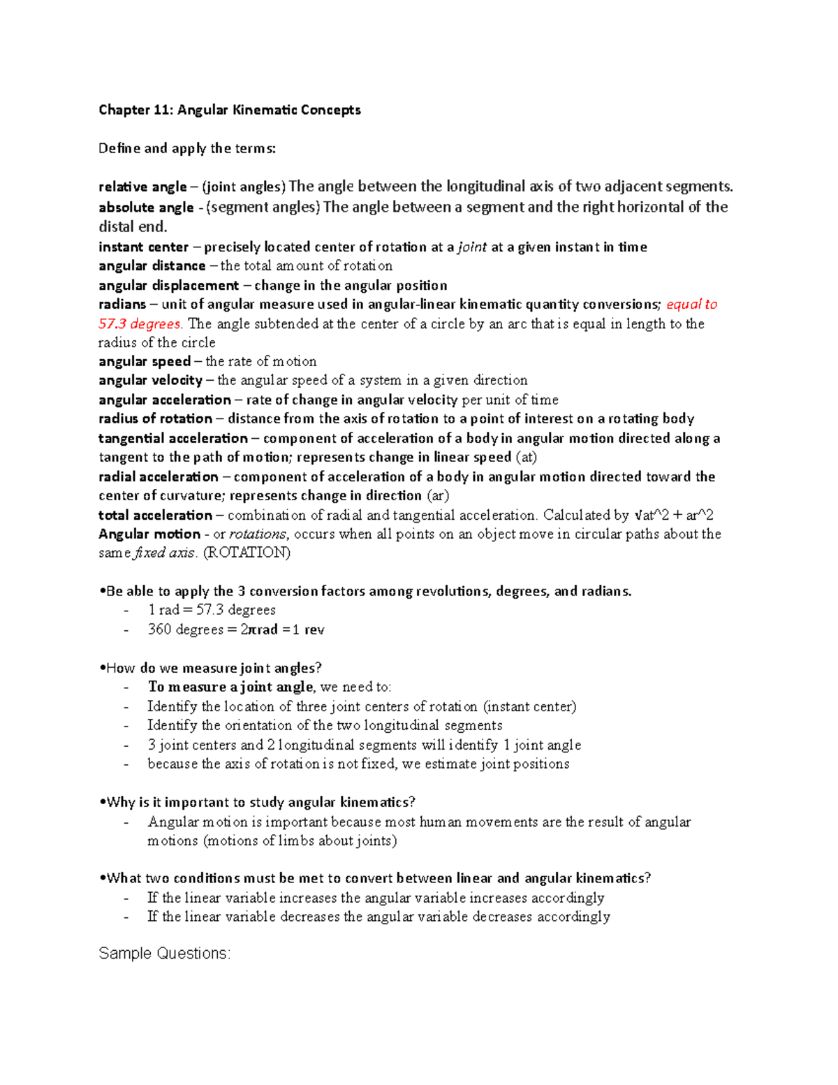 Kin 151 Midterm-2-study-guide - Chapter 11: Angular Kinematic Concepts ...
