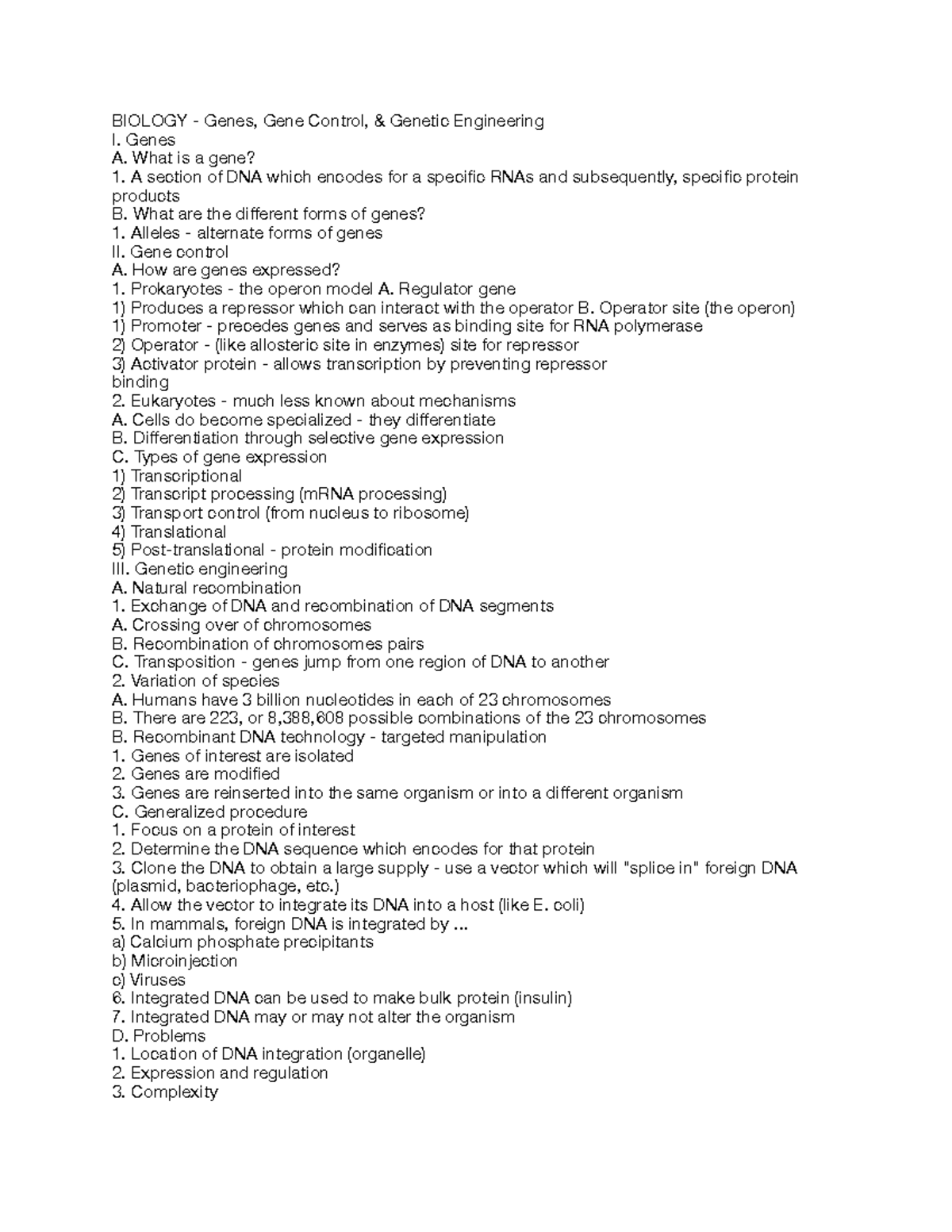 Bio 8 Notes BIOLOGY Genes, Gene Control, & Engineering I