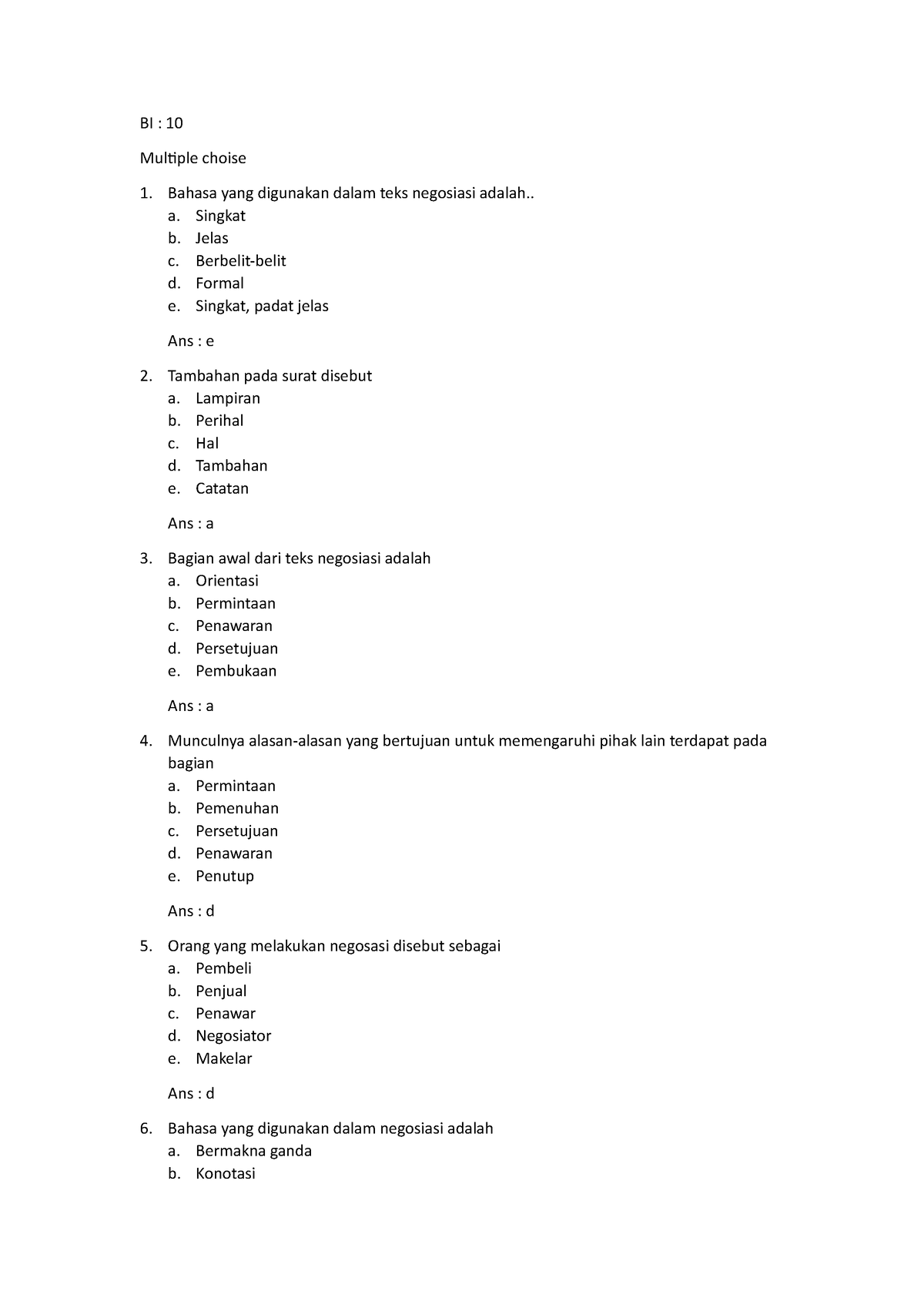 SOAL UAS Kelas 10 B INDO - Bahasa Indonesia - BI : 10 Multiple Choise ...