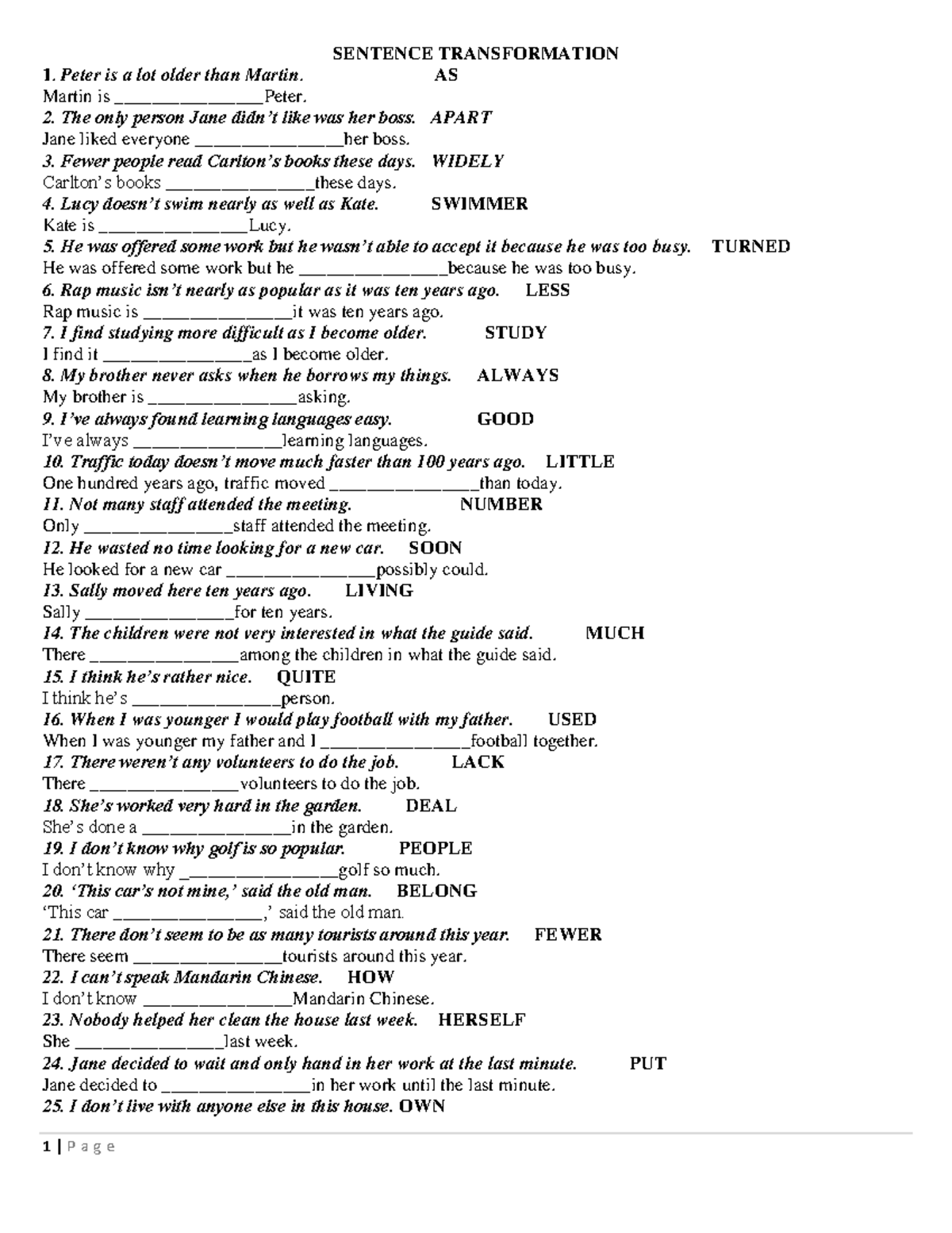 1292 BIEN DOI CAU - notes for class - SENTENCE TRANSFORMATION Peter is ...