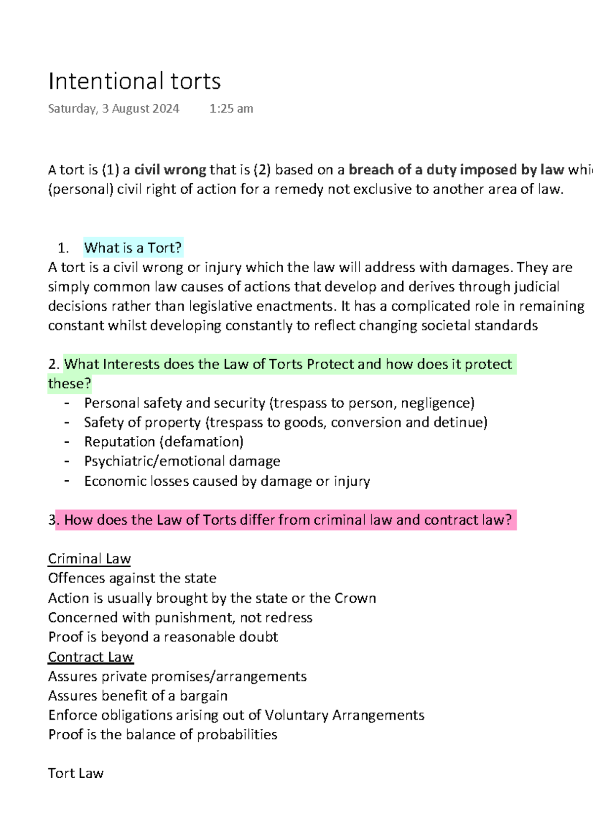 Intentional torts - week 1 - A tort is (1) a civil wrong that is (2 ...
