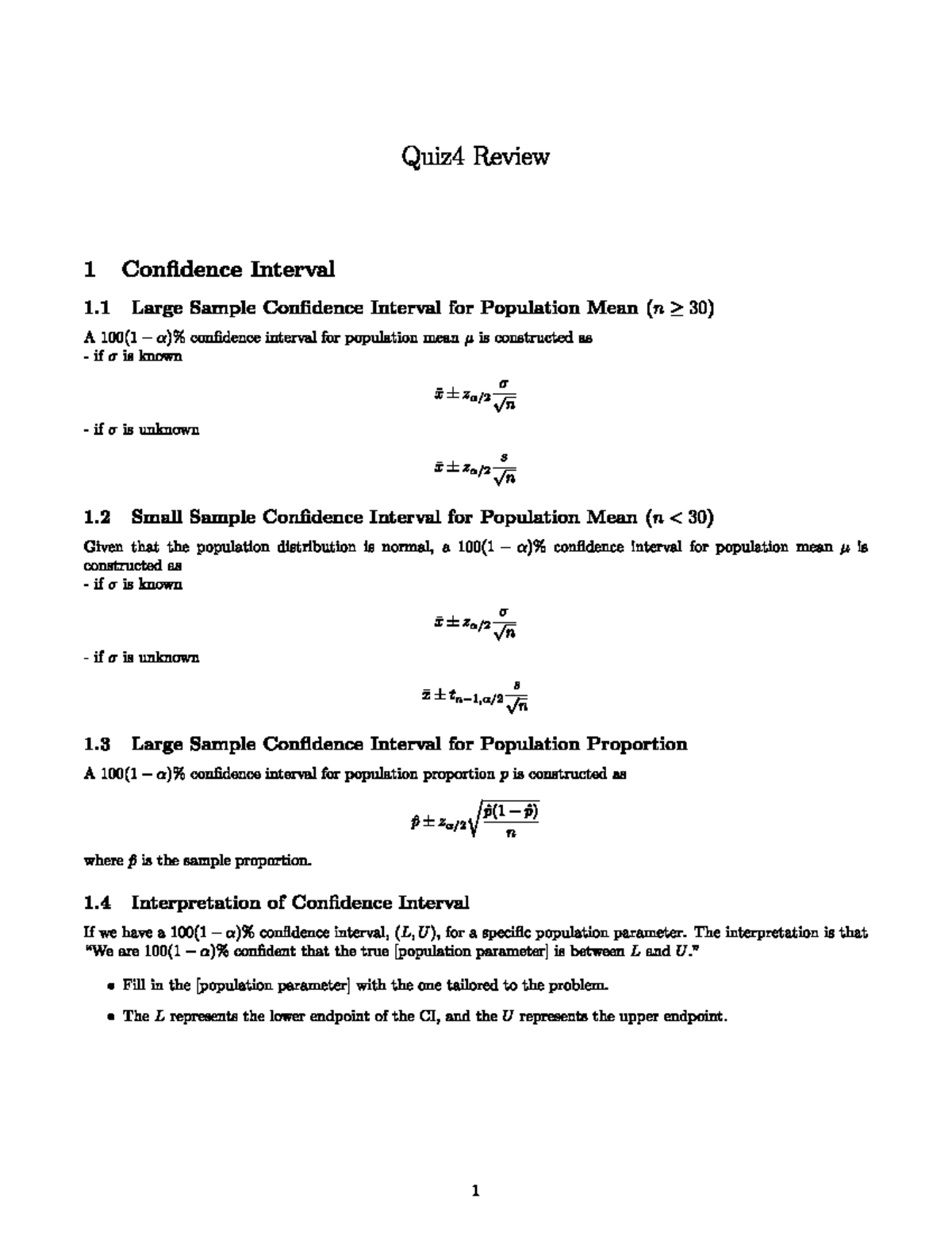 STA 100 Quiz 4 TA Notes - Quiz4 Review 1 Confidence Interval 1 Large ...