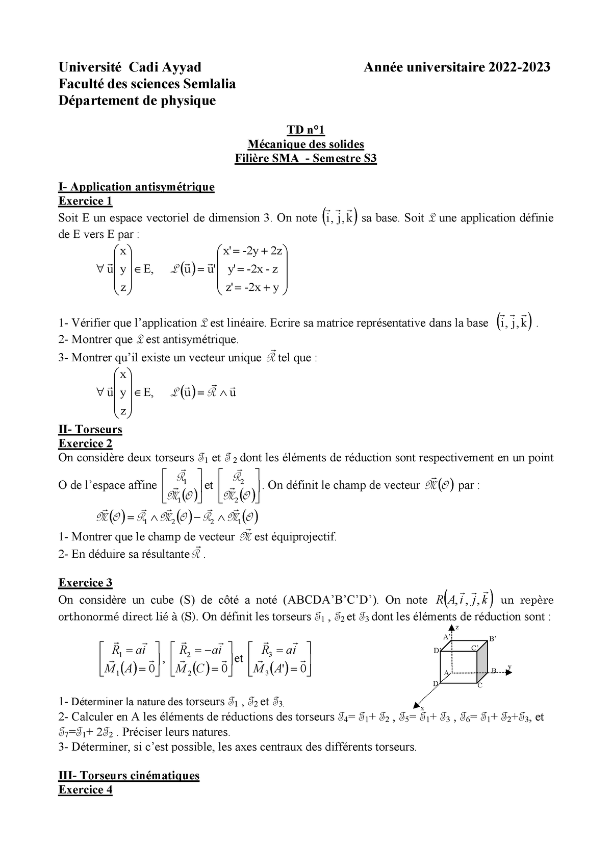 TD N°1 Mécanique Du Solide SMA - Université Cadi Ayyad Année ...