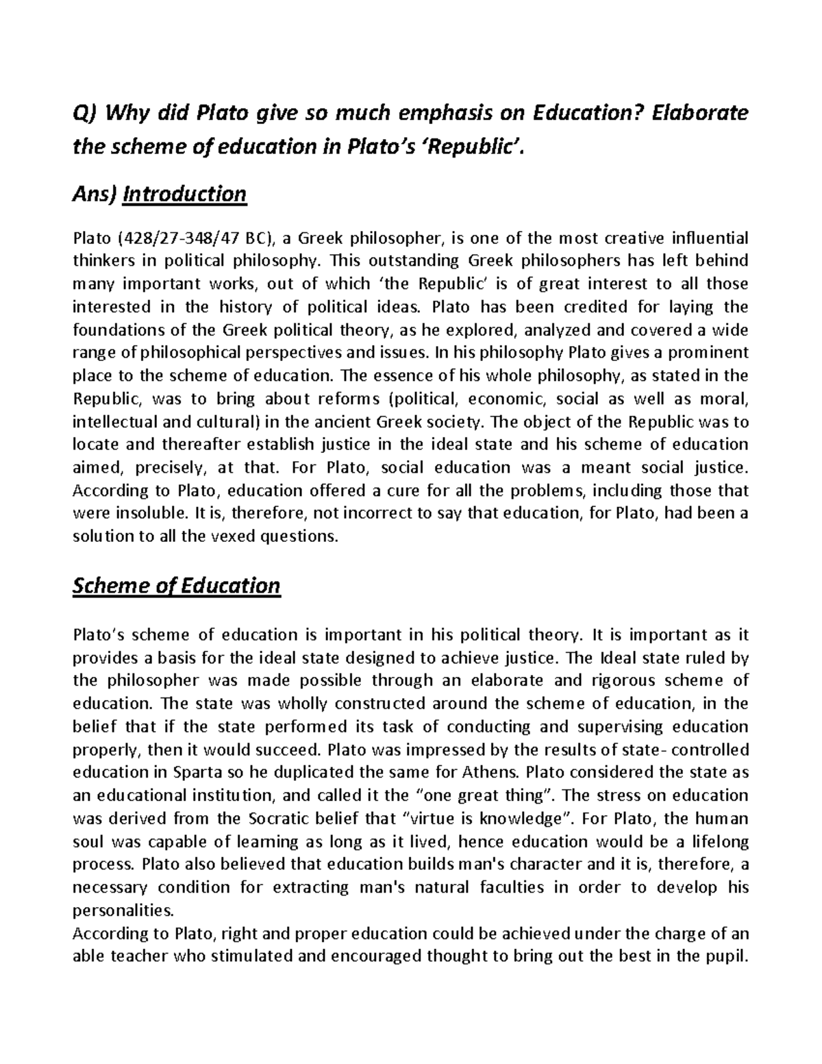 Q Why did Plato give so much emphasis on - Ans) Introduction Plato (428 ...