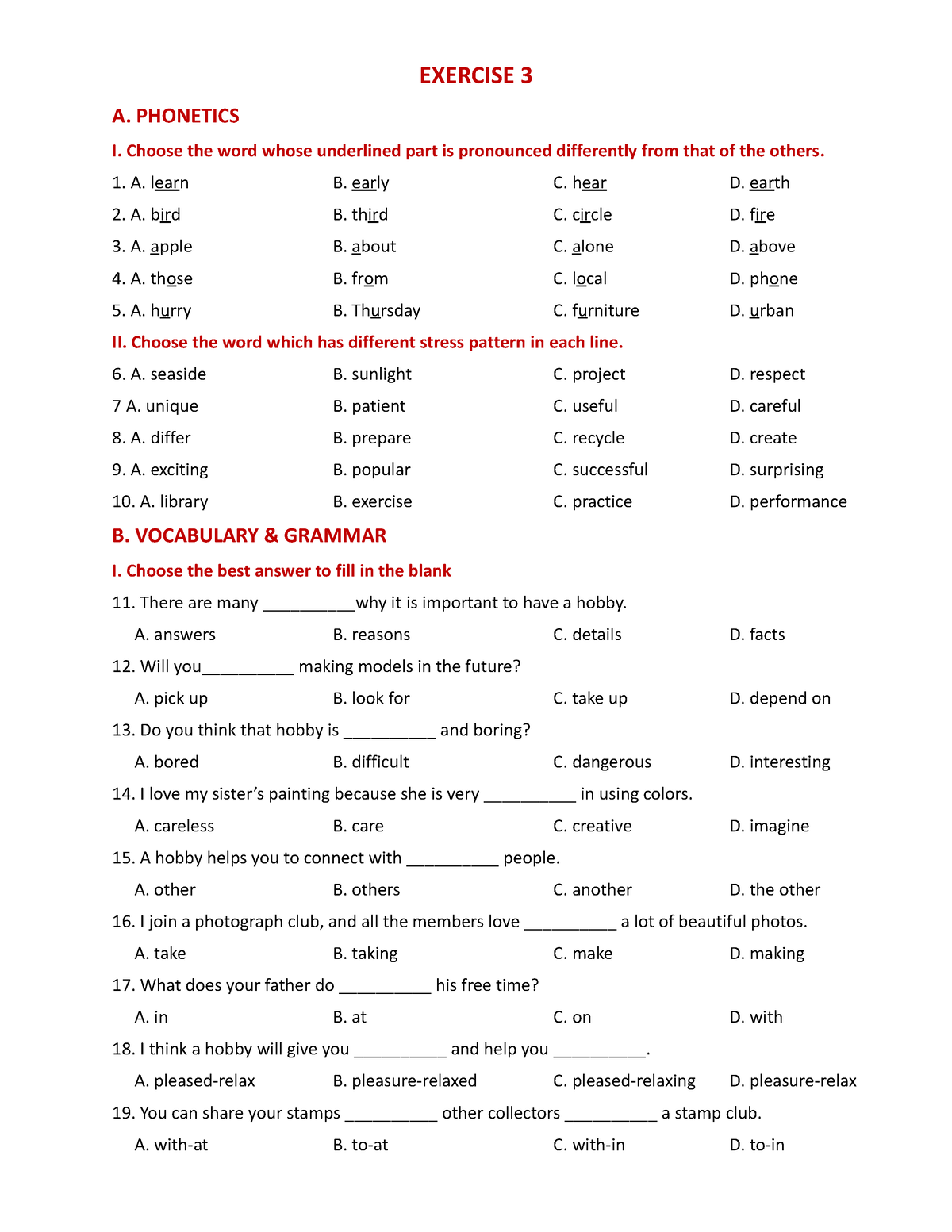 Exercises - Basic - EXERCISE 3 A. PHONETICS I. Choose The Word Whose ...