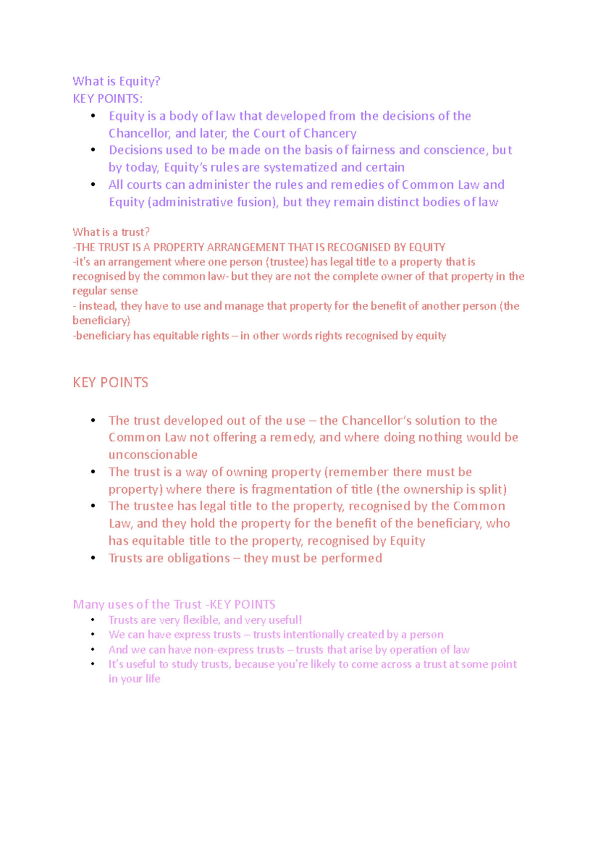 T1 Notes - Equity and Trusts - What is Equity? KEY POINTS: • Equity is ...