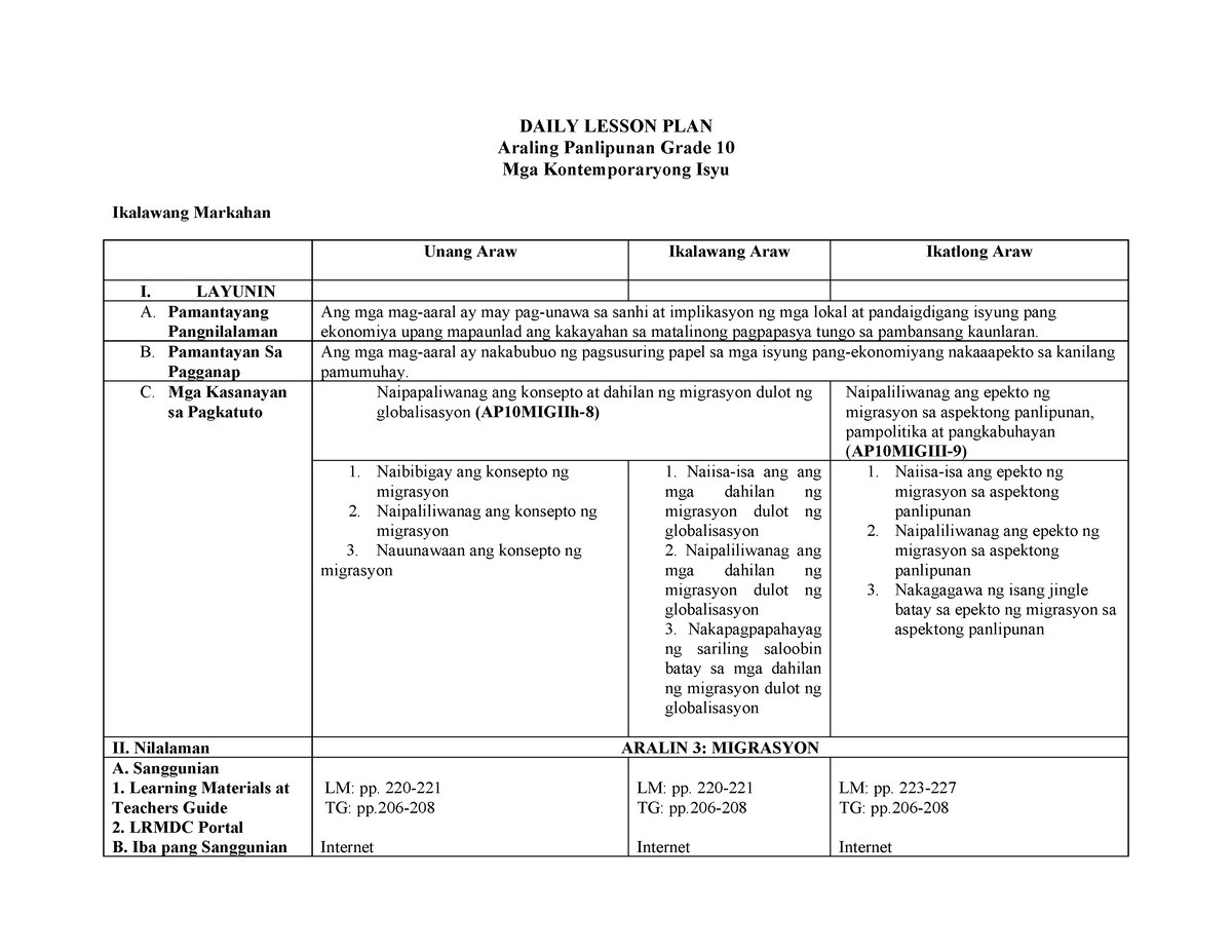 DLP Q2 Migrasyon 1-3 - Materials - DAILY LESSON PLAN Araling Panlipunan ...