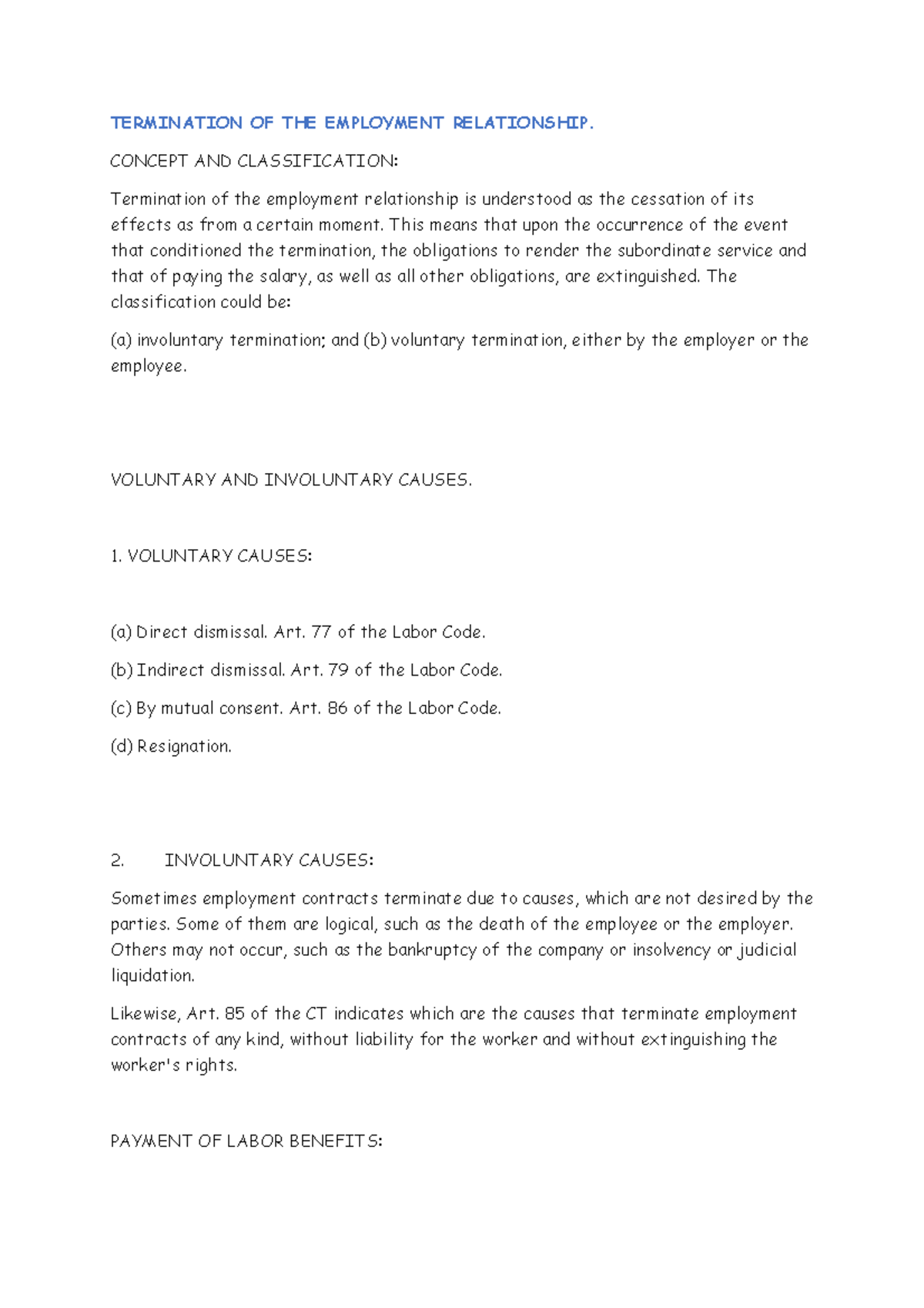 Termination OF THE Employment Relationship. 8 - TERMINATION OF THE ...