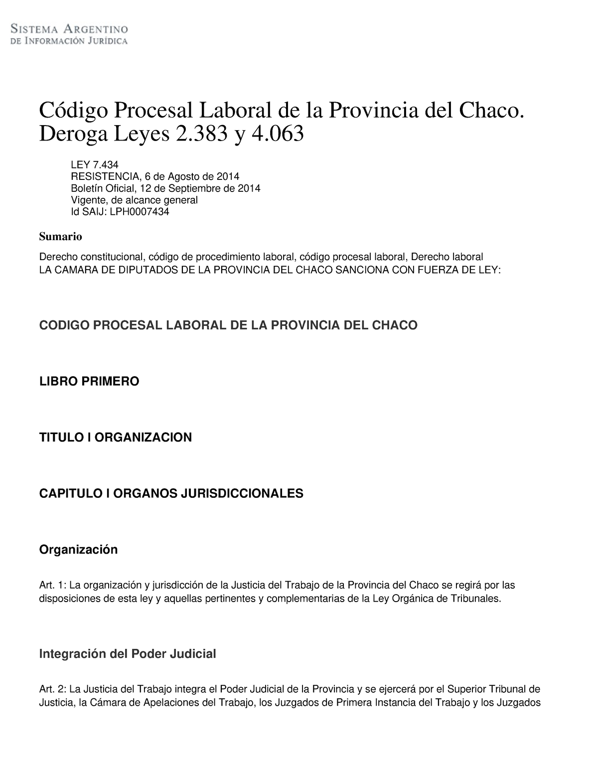 C digo Procesal Laboral de la Provincia del Chaco. Deroga Leyes