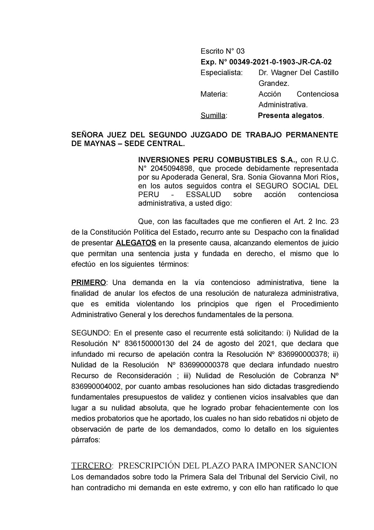 Alegatos Essalud - acción contenciosa administrativa contra la JEFATURA DE  ADMINISTRACION DE LA - Studocu