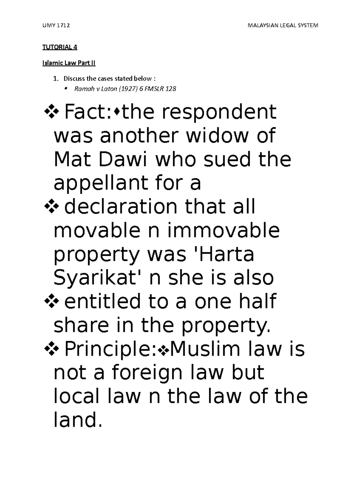 345122 Tutorial 4 - TUTORIAL 4 Islamic Law Part II 1. Discuss The Cases ...