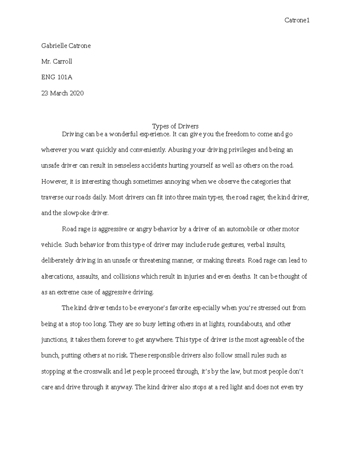 Rough Draft Classification Essay ENG101A - Catrone 1 Gabrielle Catrone ...