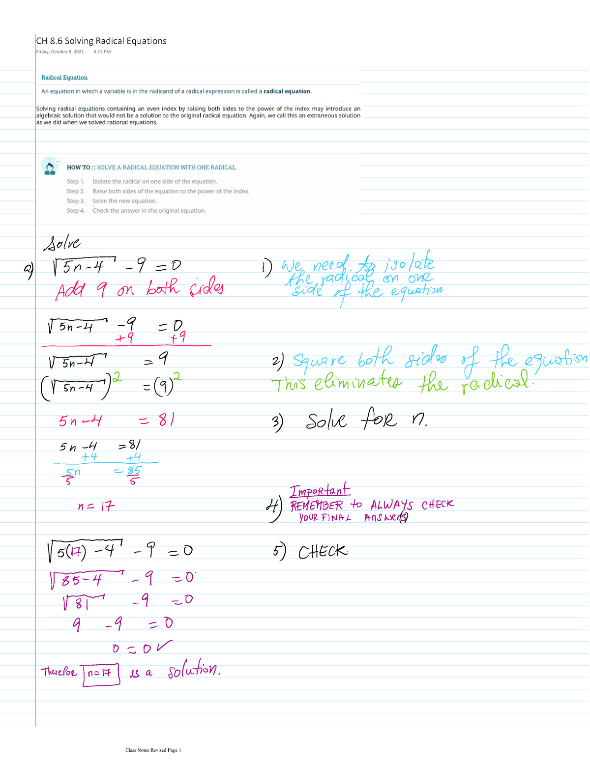 2021 10 09 CH 8.6 Solving Radical Equations - CH 8 Solving Radical ...