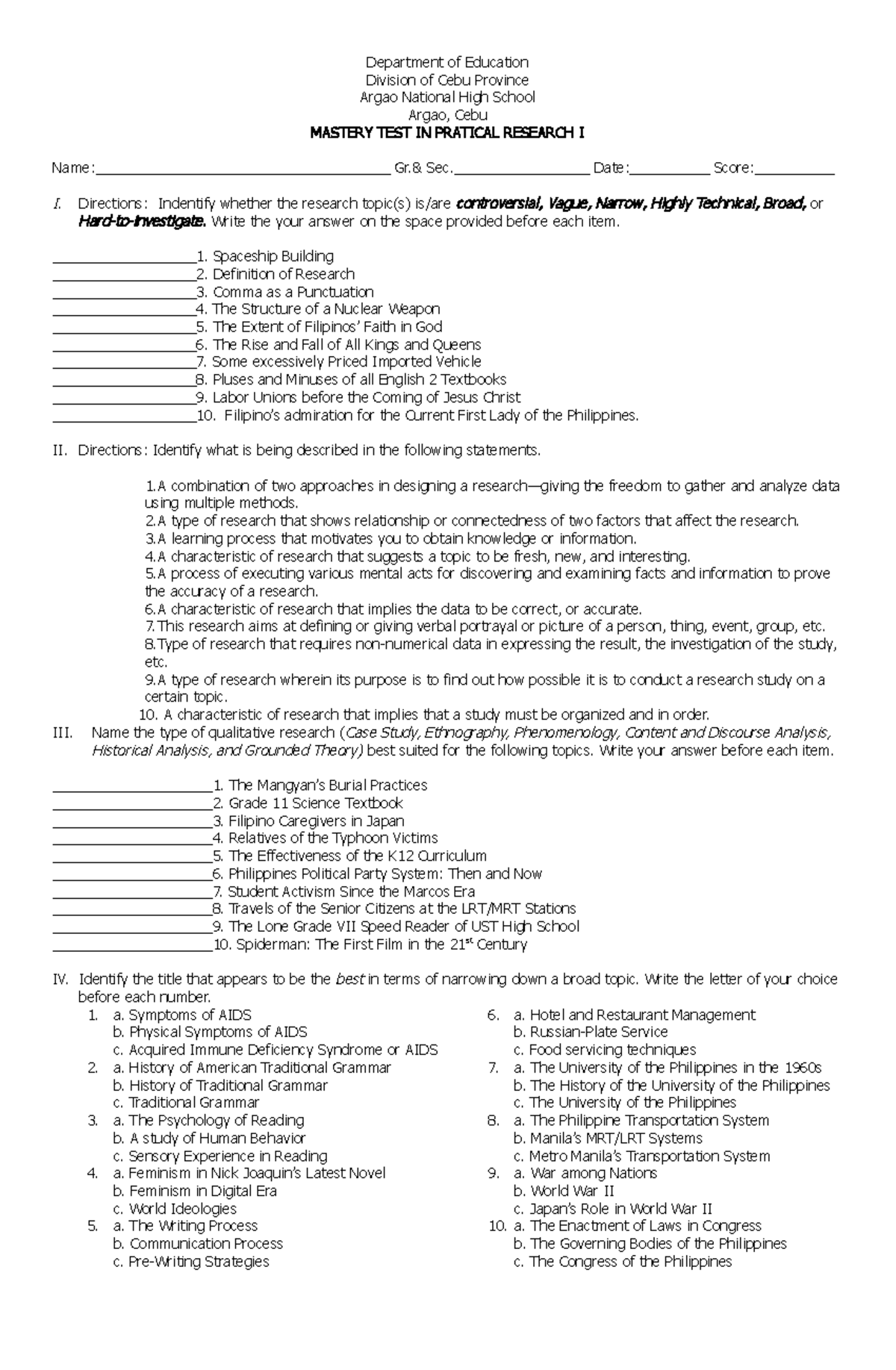 Mastery Test - Use this as your practice materials. - Department of ...