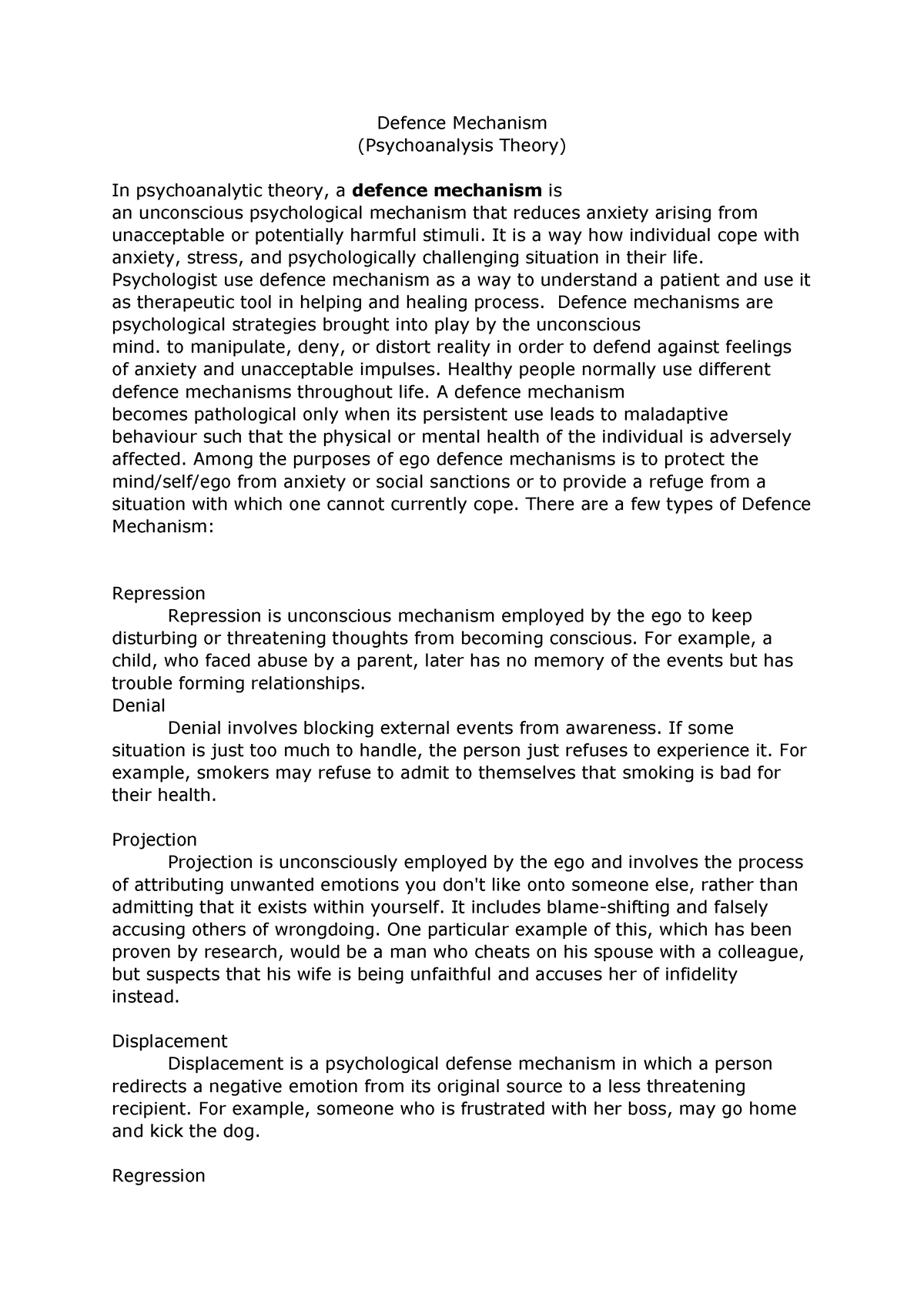 Defence Mechanism 2021 Defence Mechanism (Psychoanalysis Theory) In