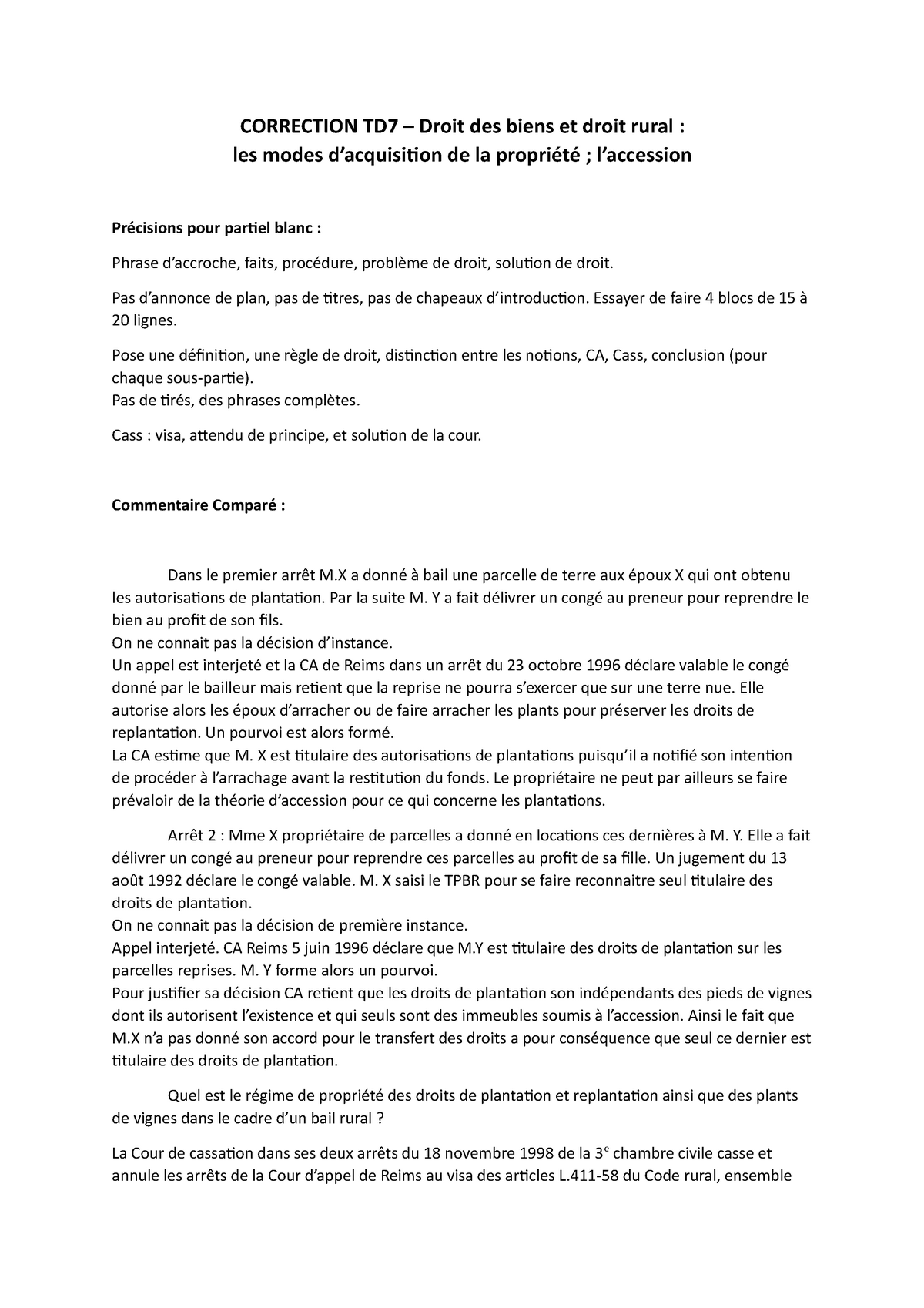 Correction  Commentaire comparé  CORRECTION TD7 – Droit des biens et