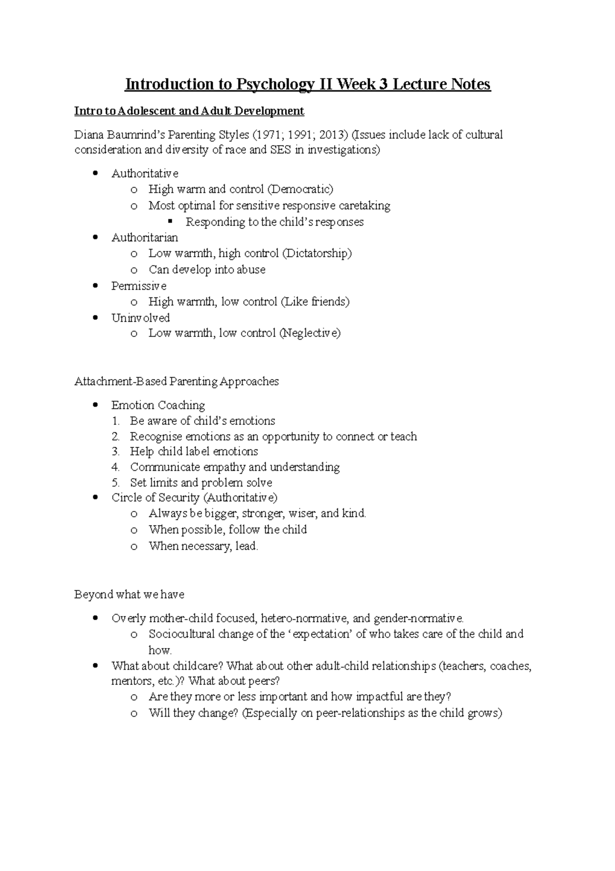 Introduction to Psychology II Week 3 Lecture Notes - Be aware of child ...