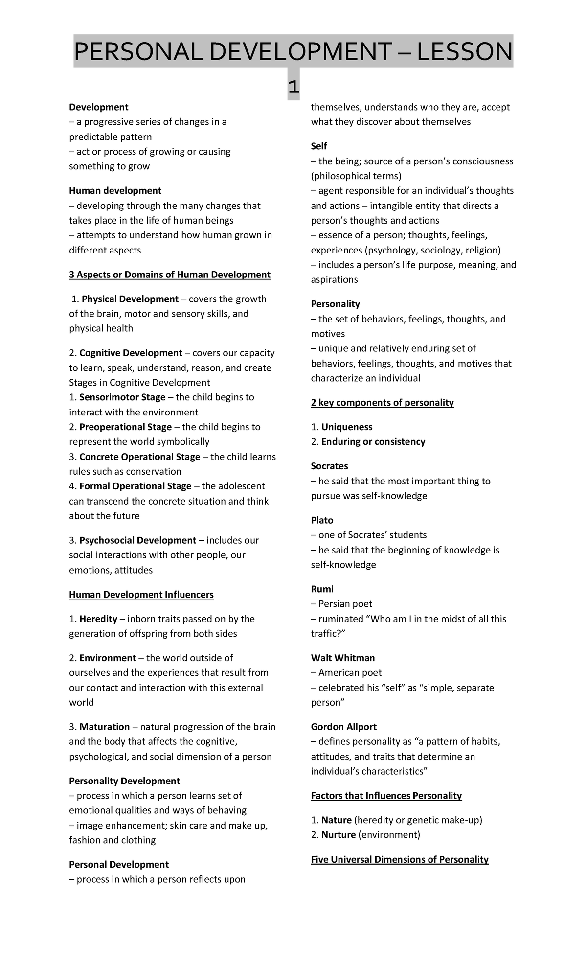 Personal Development 1 - PERSONAL DEVELOPMENT – LESSON 1 Development a ...